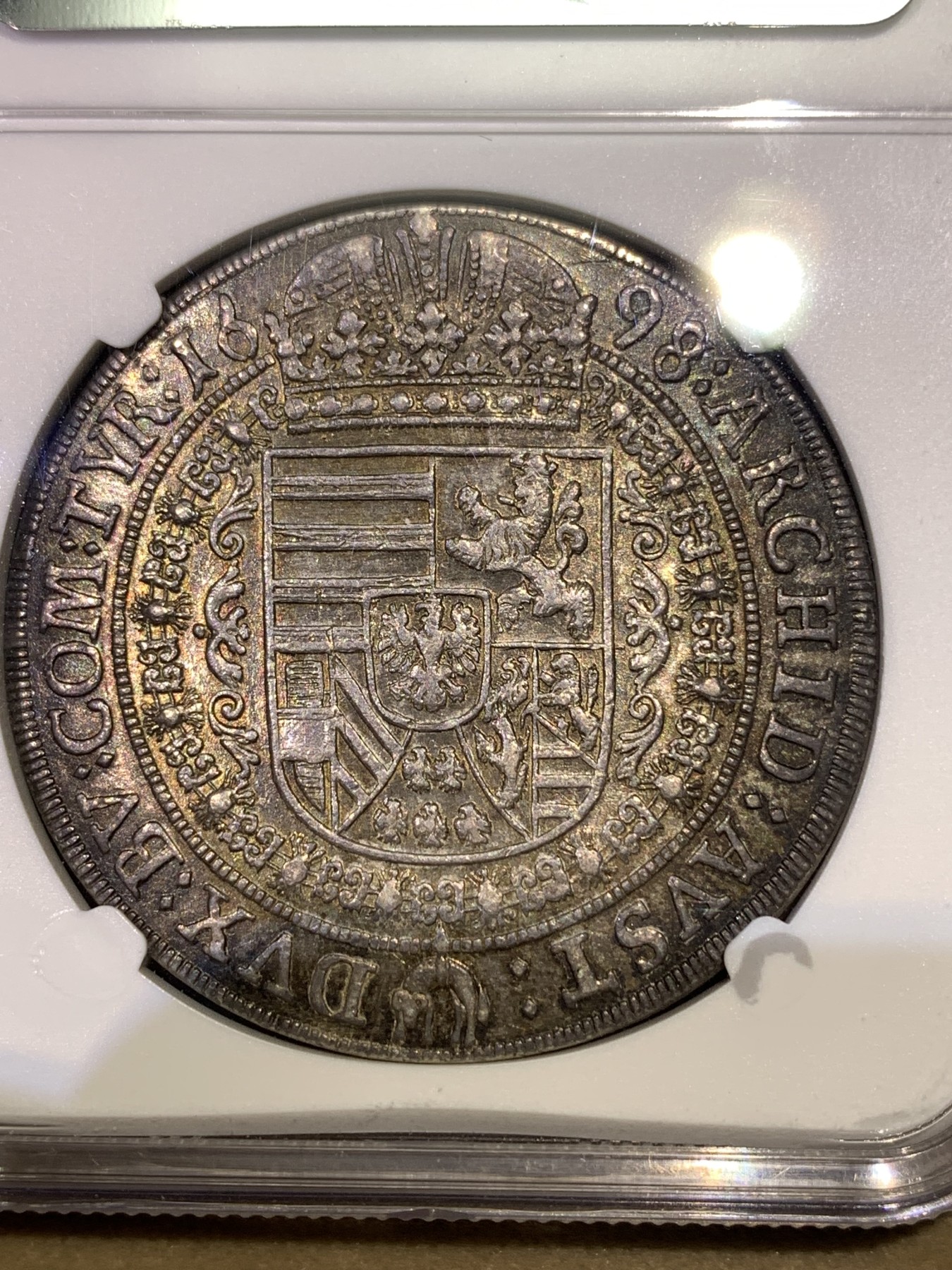 《竞宝斋》第180场-周日，周一2场 (全场包邮) 亚军分 NGC MS63 神圣罗马帝国1698/7骑字版 大波浪 猪嘴 泰勒 银币 打制均匀 状态非常好