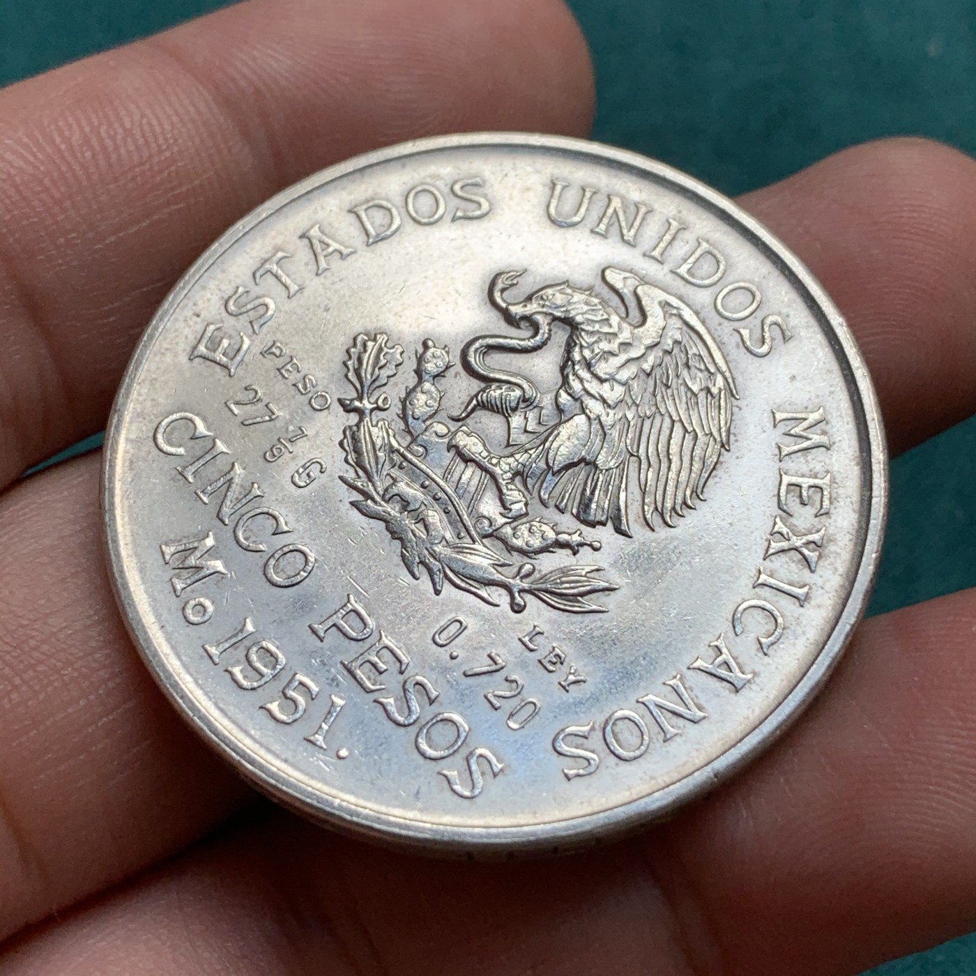 《竞宝斋》第180场-周日，周一2场 (全场包邮) 1951年 墨西哥 5比索 27.8克 大银币