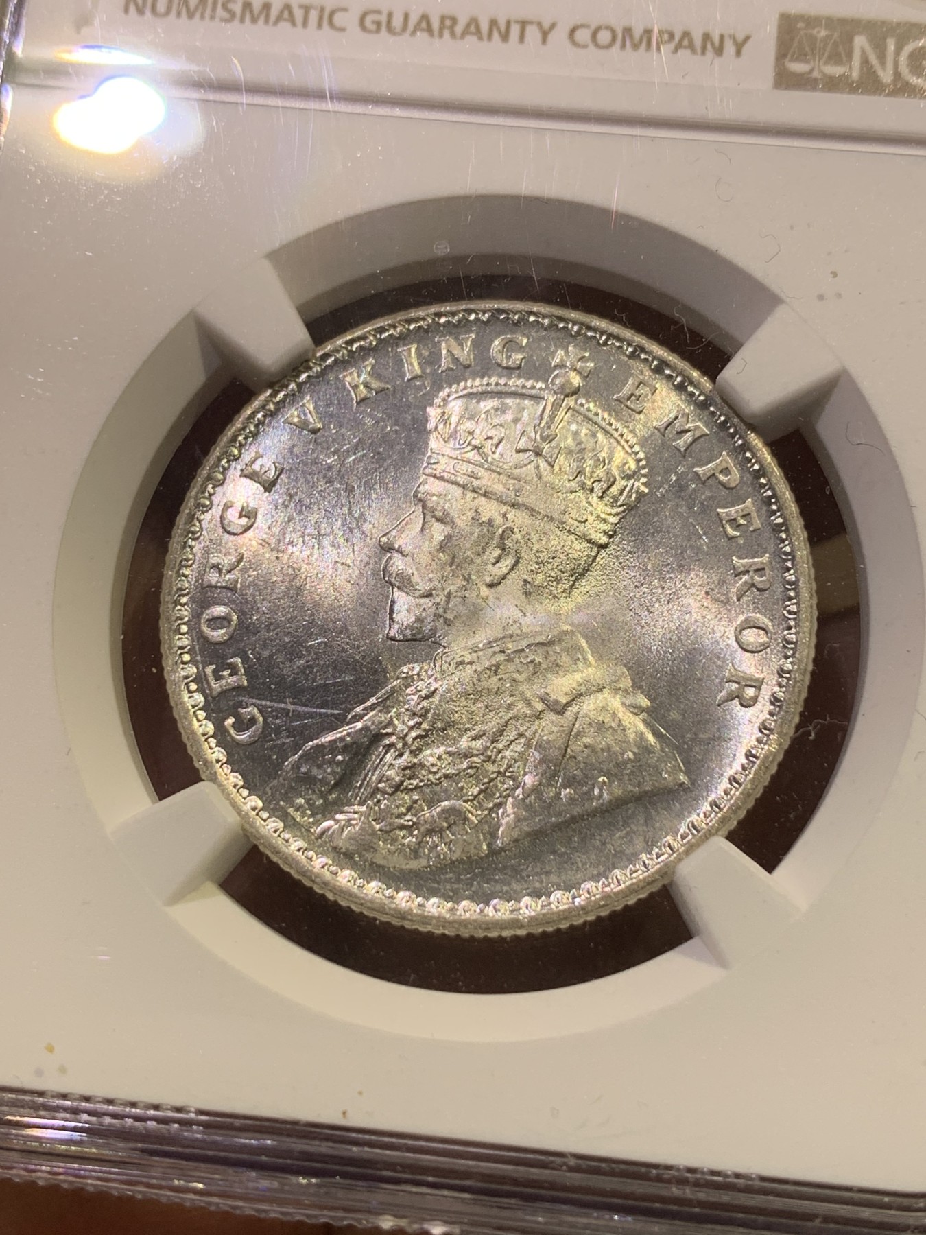 《竞宝斋》第180场-周日，周一2场 (全场包邮) NGC MS62 印度 乔五 1918C 1卢比 银币