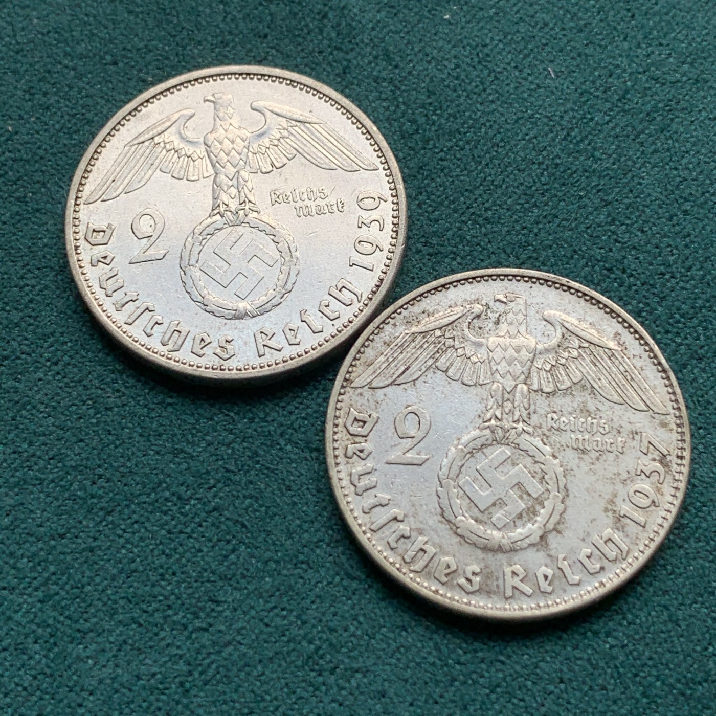 《竞宝斋》第180场-周日，周一2场 (全场包邮) 银币两枚一组 德国兴登堡1937年2马克+1939年2马克银币