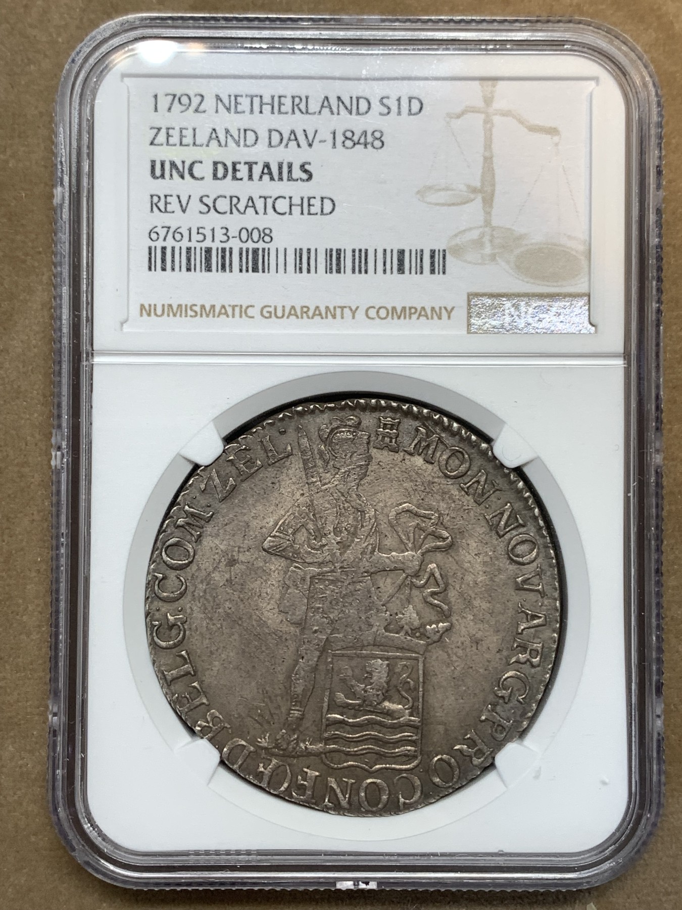 《竞宝斋》第180场-周日，周一2场 (全场包邮) NGC UNC 荷兰泽兰省1792年武士1杜卡特大银币 原味包浆 未见清洗