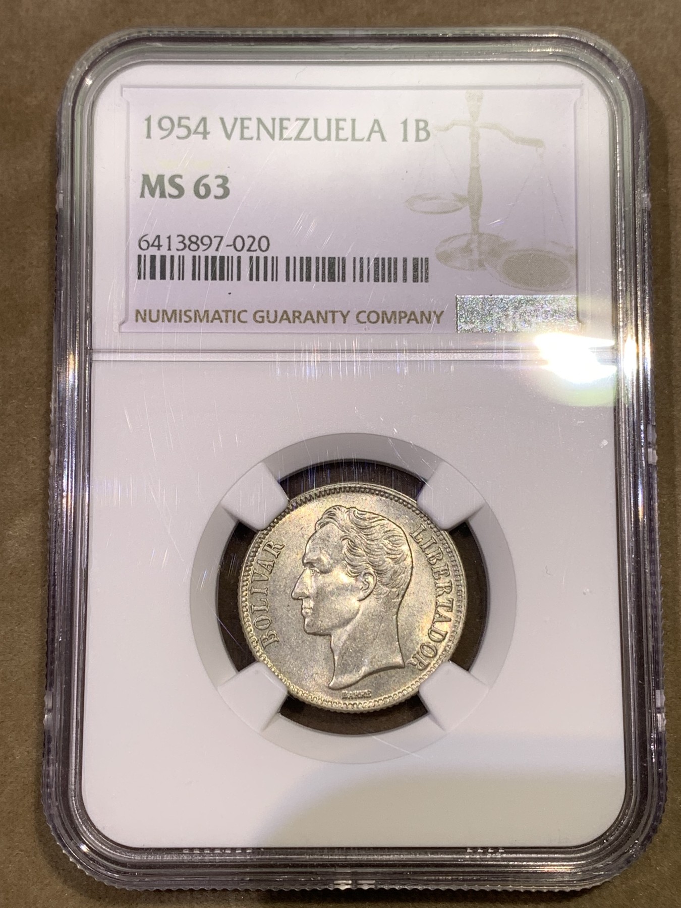 《竞宝斋》第180场-周日，周一2场 (全场包邮) NGC MS63 委内瑞拉 1954年 1玻利瓦尔银币