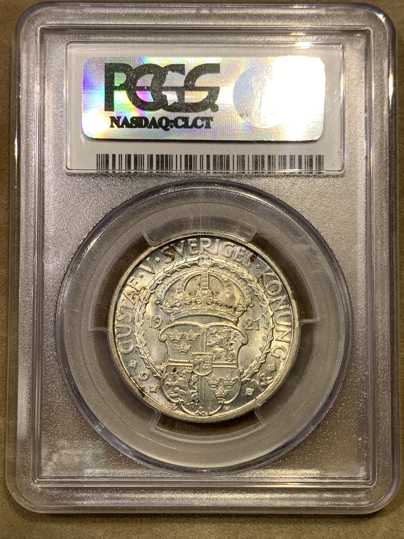《竞宝斋》第180场-周日，周一2场 (全场包邮) PCGS-MS65 瑞典1921年2克朗纪念银币，高分一步到位。