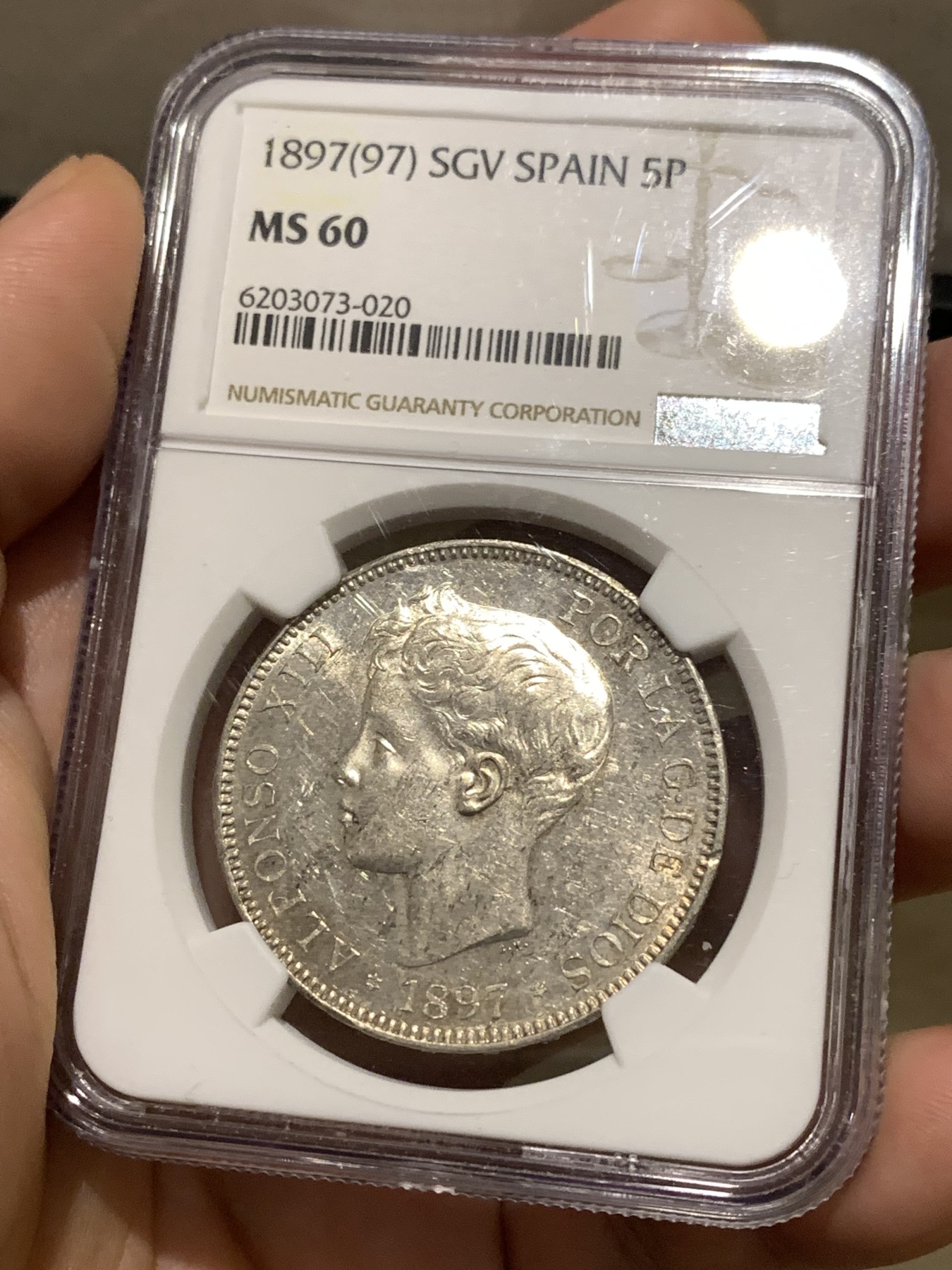 《竞宝斋》第180场-周日，周一2场 (全场包邮) NGC-MS60 西班牙 双柱 1897（97）阿方索十三世 5比塞塔银币