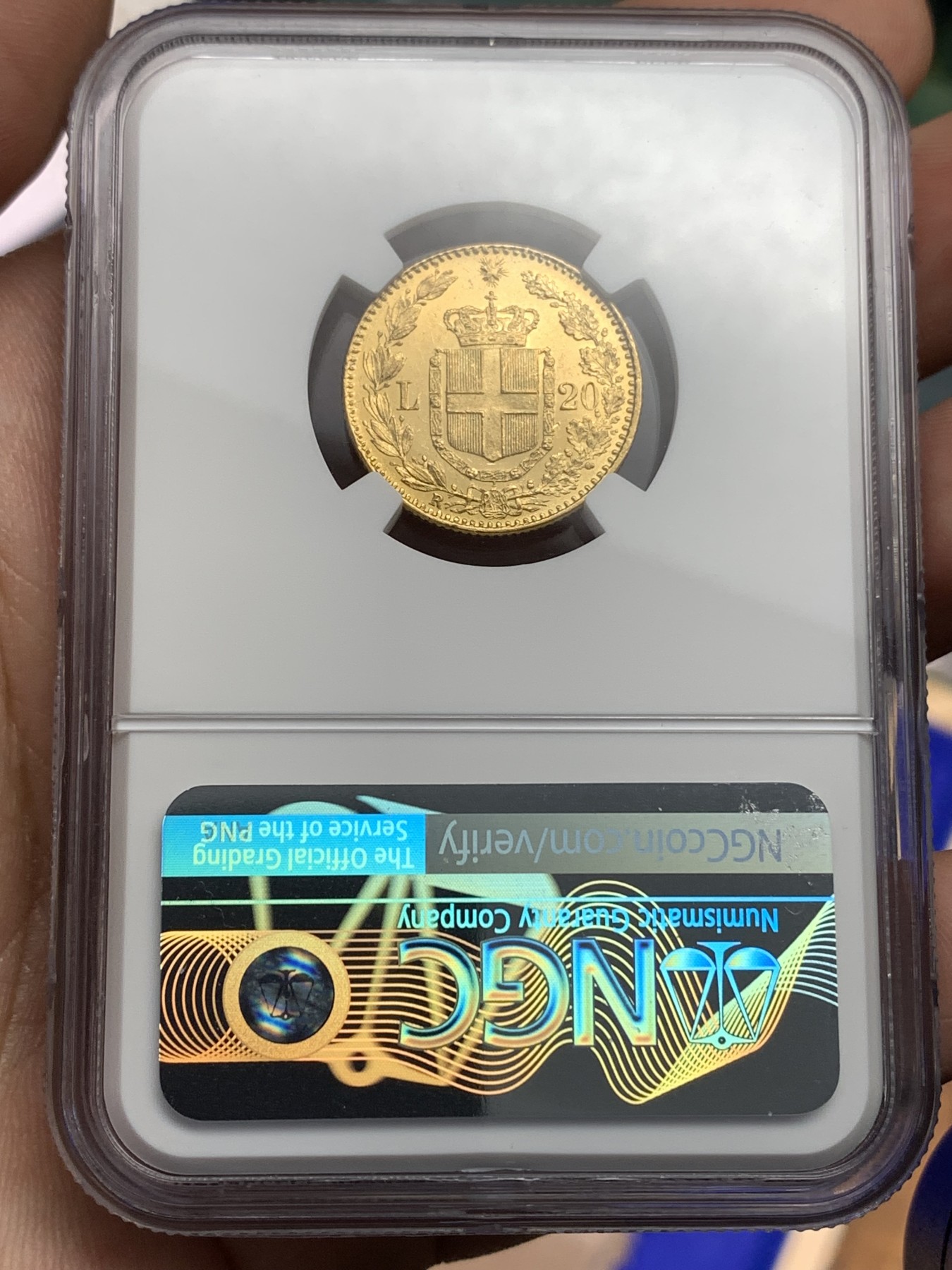 《竞宝斋》第180场-周日，周一2场 (全场包邮) NGC MS63+PL 1882年意大利王国翁贝托一世20里拉金币 状态极好