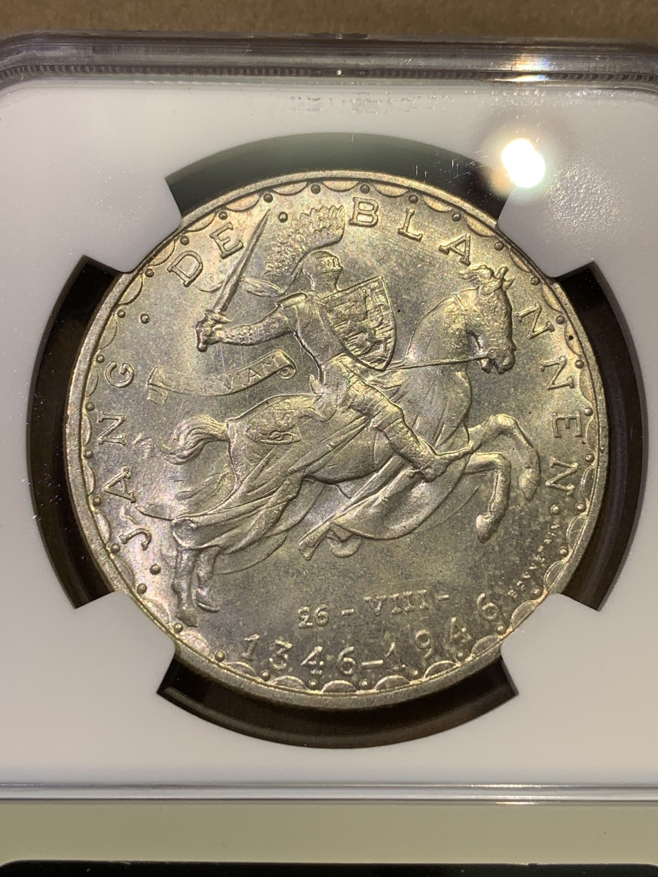 《竞宝斋》第180场-周日，周一2场 (全场包邮) NGC MS 64 卢森堡1946年100法郎马剑大银币