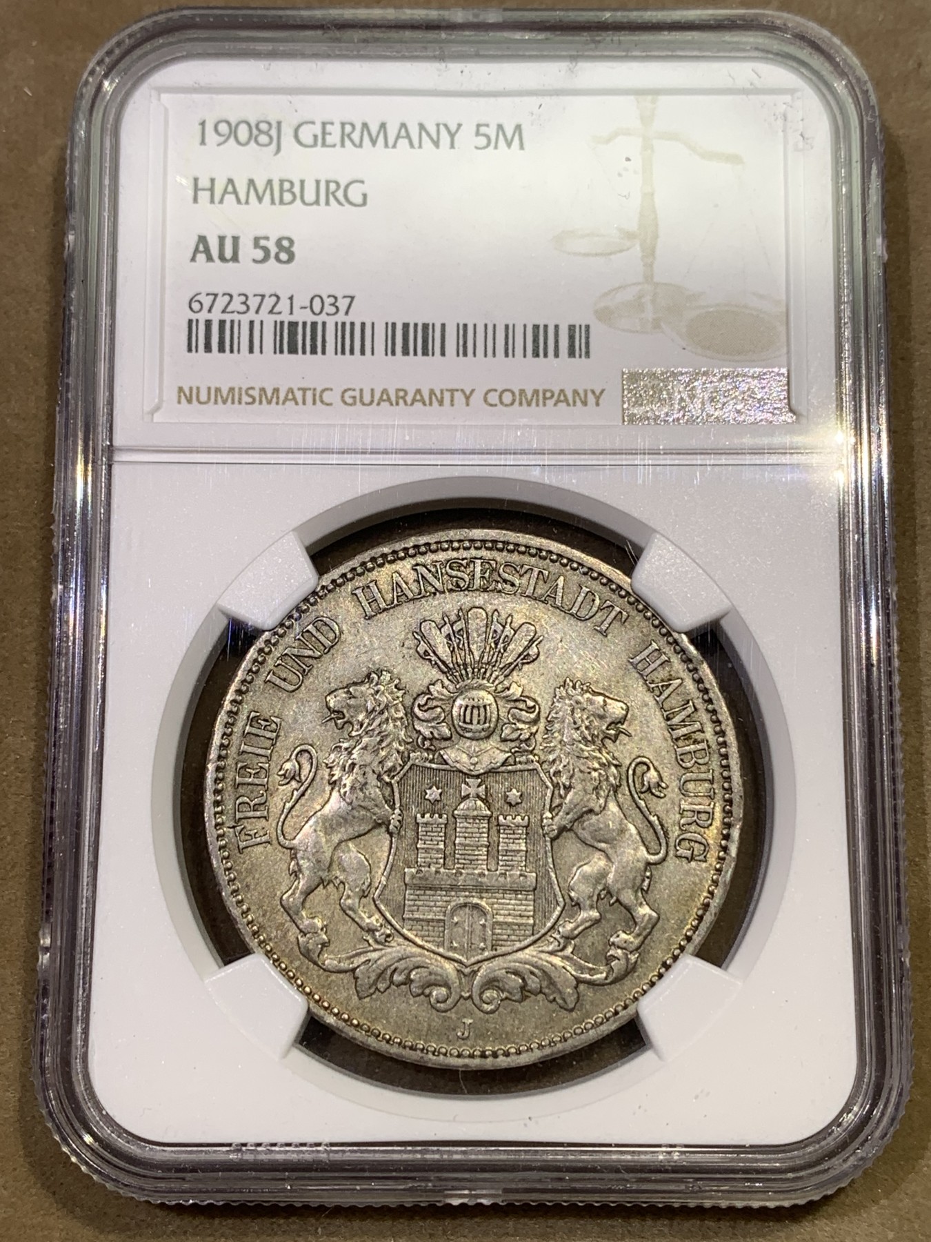 《竞宝斋》第180场-周日，周一2场 (全场包邮) NGC-AU58 德国1908汉堡 5马克银币 此年份比1913的少见