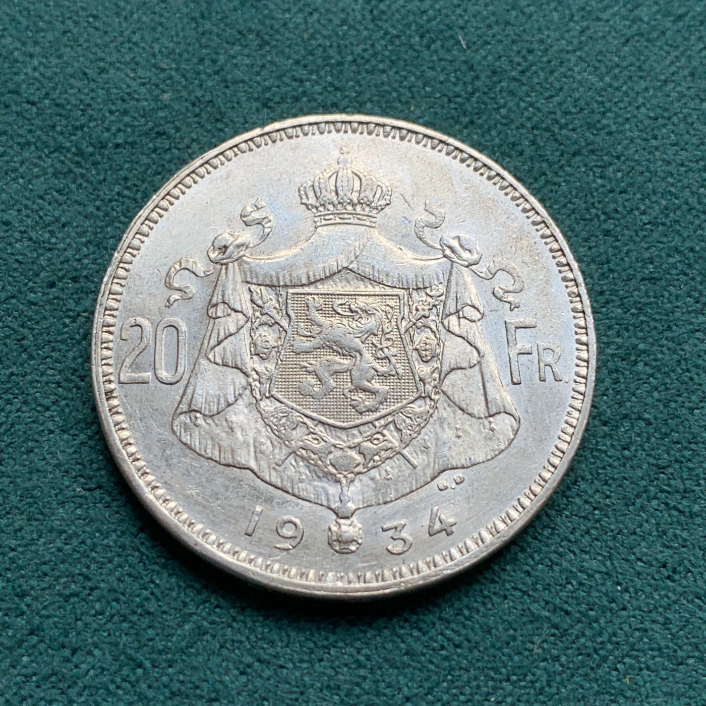 《竞宝斋》第180场-周日，周一2场 (全场包邮) 比利时1934年阿贝尔一世头像20法郎银币。680银，直径28mm，重量11g