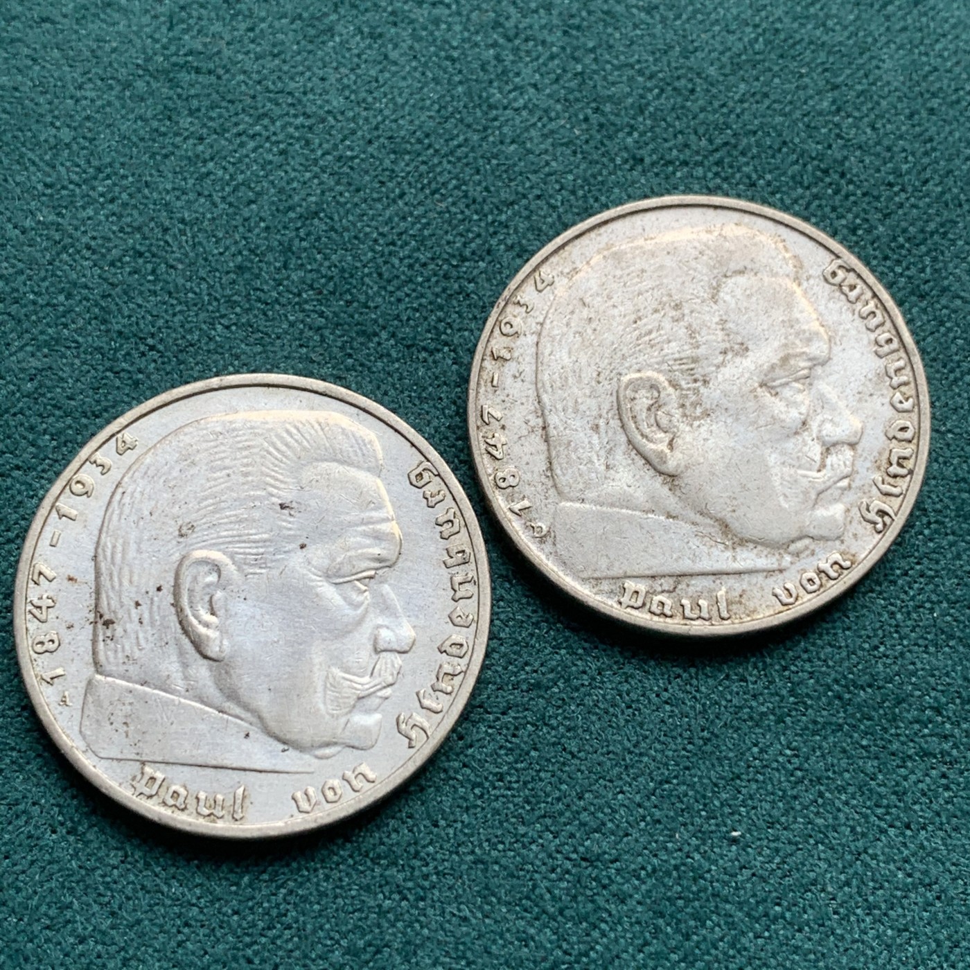 《竞宝斋》第180场-周日，周一2场 (全场包邮) 银币两枚一组 德国兴登堡1937年2马克+1939年2马克银币