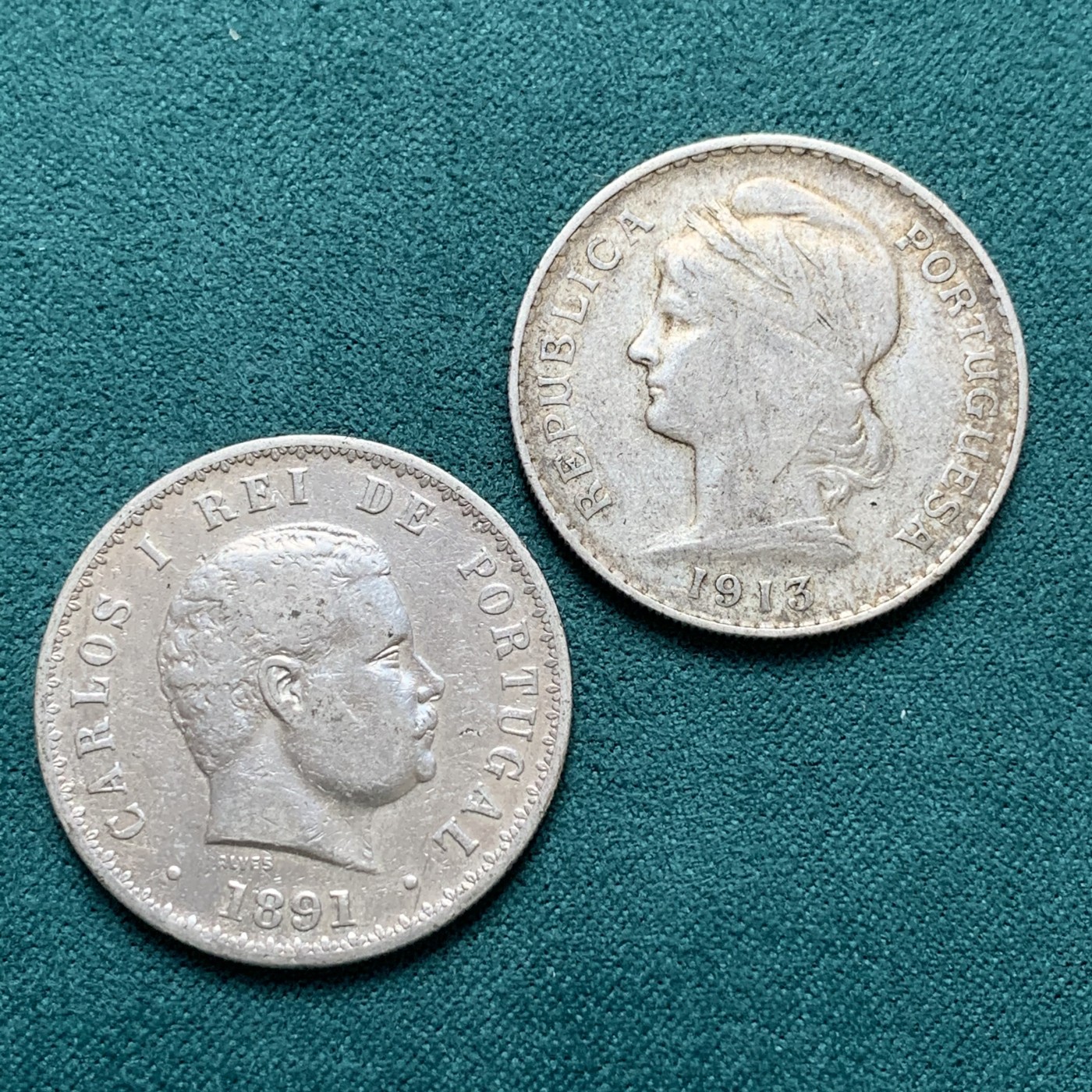 《竞宝斋》第180场-周日，周一2场 (全场包邮) 两枚一组 1891年葡萄牙500R+1913年葡萄牙50C银币。