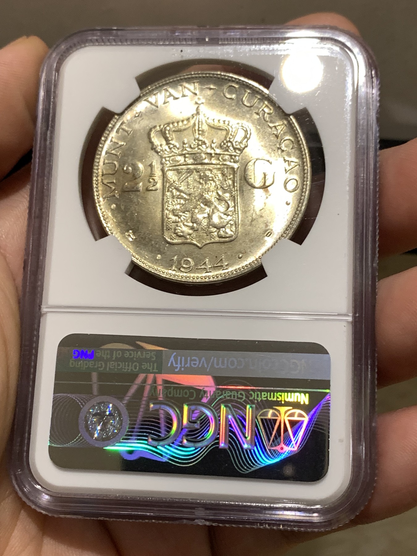 《竞宝斋》第180场-周日，周一2场 (全场包邮) NGC-MS63 荷属库拉索1944年 威廉米娜女王 2.5盾大银币