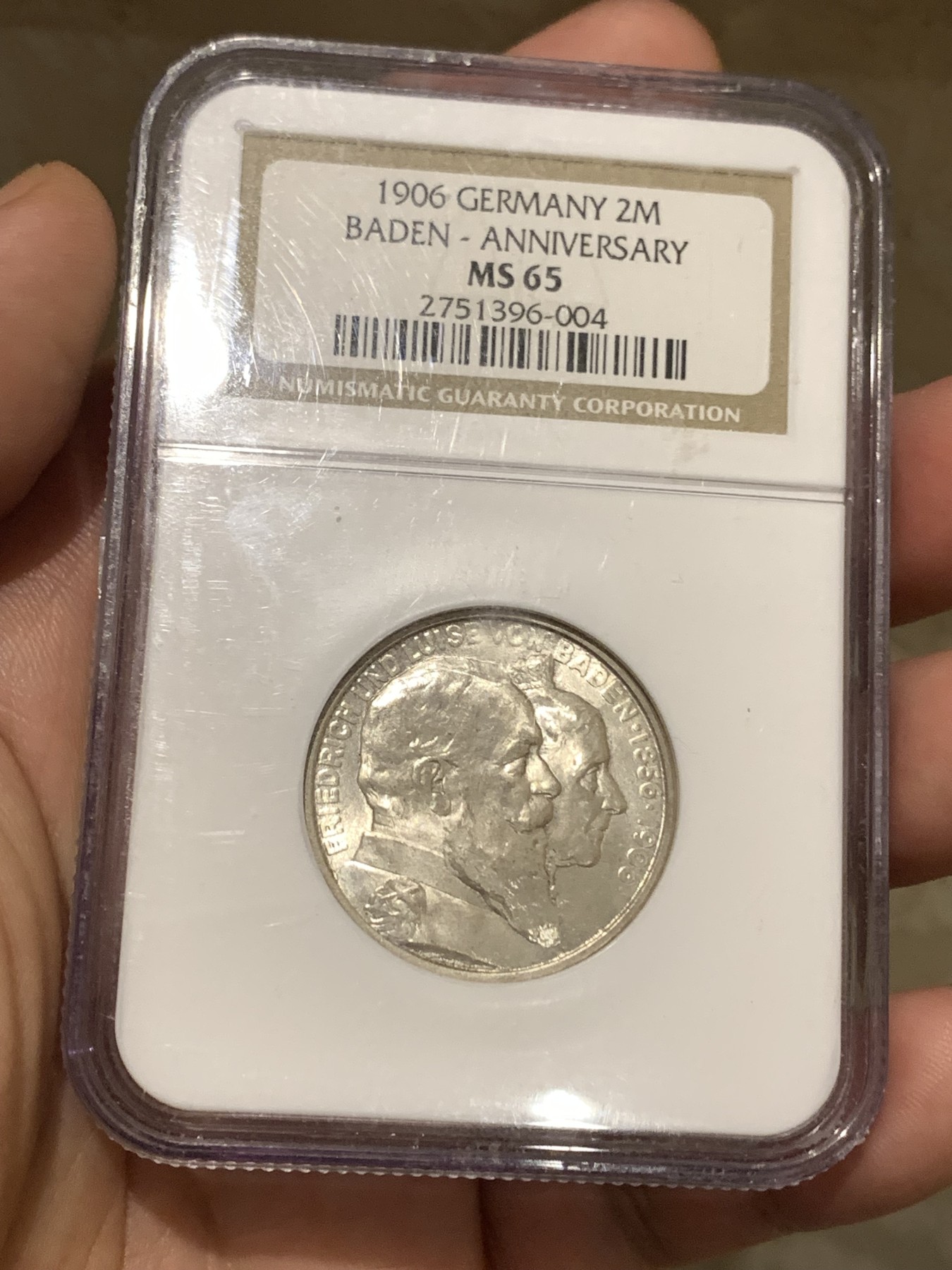 《竞宝斋》第180场-周日，周一2场 (全场包邮) NGC-MS65 德国巴登 1906年 金婚纪念 2马克银币 非常漂亮 高等级分数