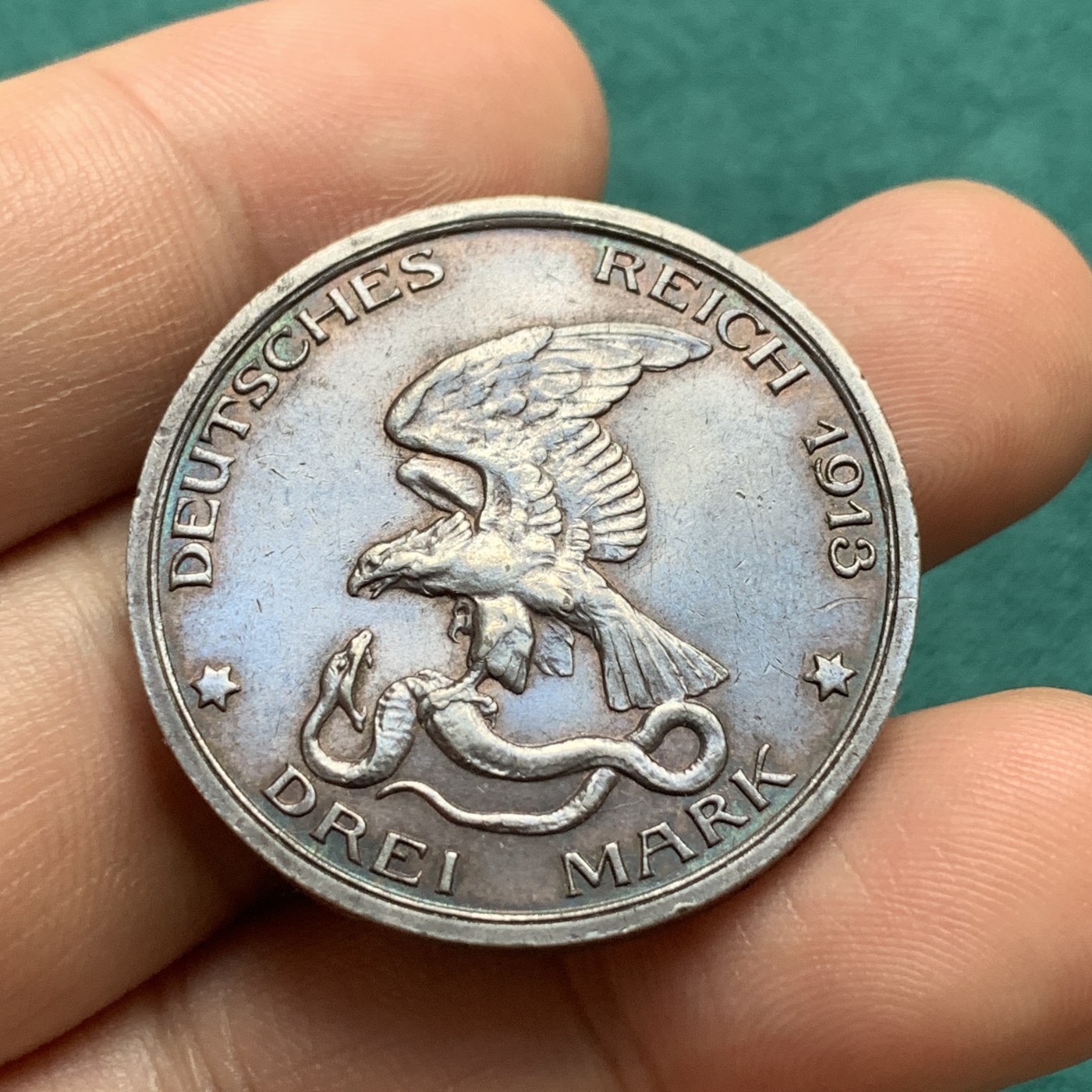 《竞宝斋》第180场-周日，周一2场 (全场包邮) 德国普鲁士1913年莱比锡战胜拿破仑100周年3马克银币 老包浆