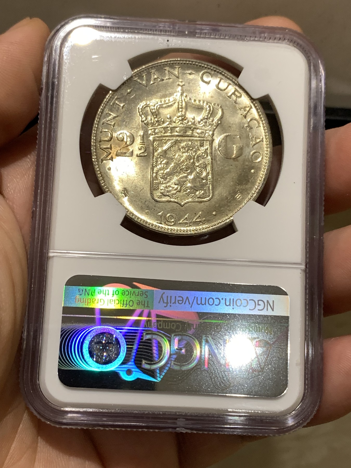 《竞宝斋》第180场-周日，周一2场 (全场包邮) NGC-MS63 荷属库拉索1944年 威廉米娜女王 2.5盾大银币