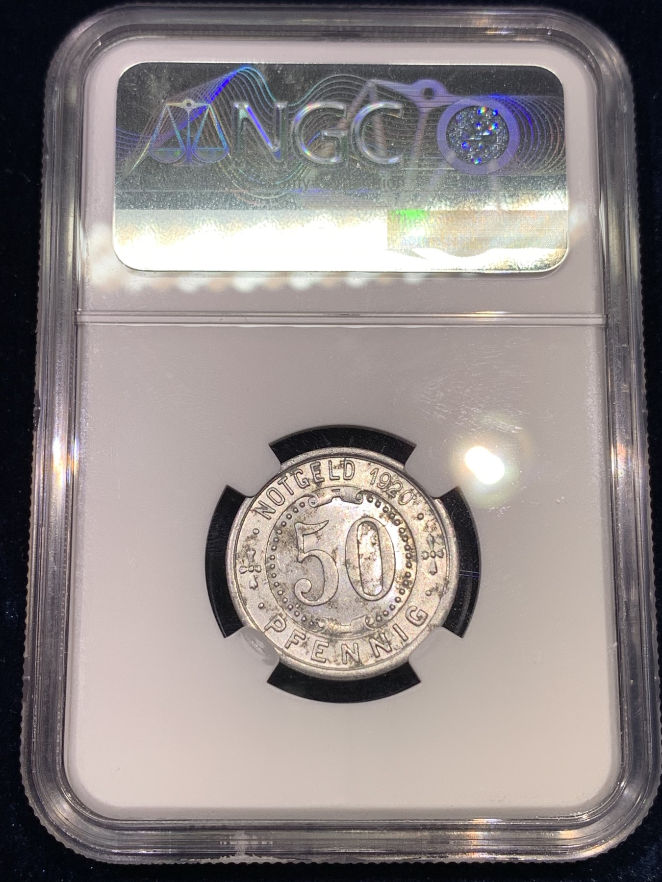 《竞宝斋》第180场-周日，周一2场 (全场包邮) NGC MS62 德国 1919年 NGC 更高分只有3枚  少见疑似标签错误，德紧大热门门登洞熊50芬尼铝币