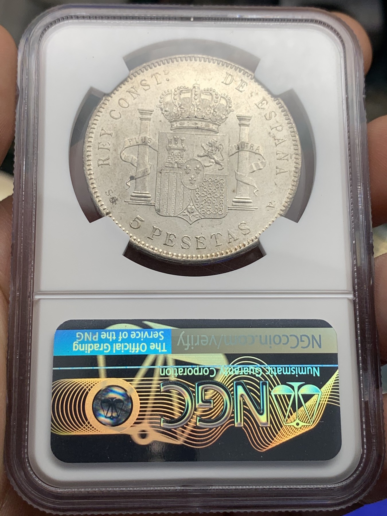 《竞宝斋》第180场-周日，周一2场 (全场包邮) NGC-MS60 西班牙 双柱 1897（97）阿方索十三世 5比塞塔银币