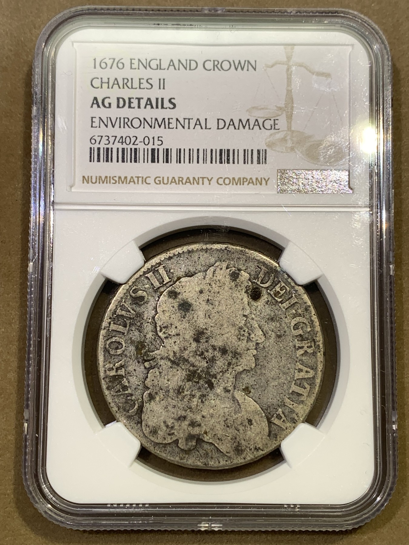 《竞宝斋》第180场-周日，周一2场 (全场包邮) NGC-AGD 1676年英国查理二世克朗银币 品相差些，不过没硬伤