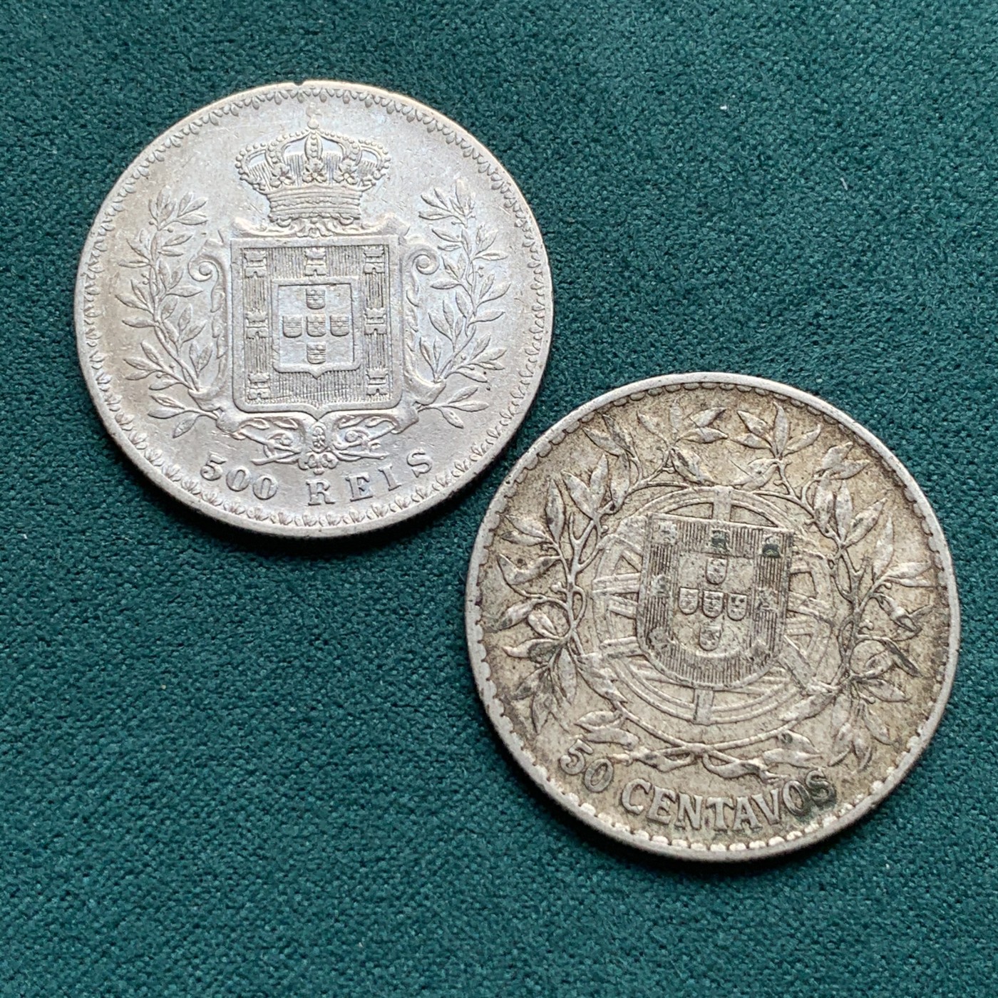 《竞宝斋》第180场-周日，周一2场 (全场包邮) 两枚一组 1891年葡萄牙500R+1913年葡萄牙50C银币。