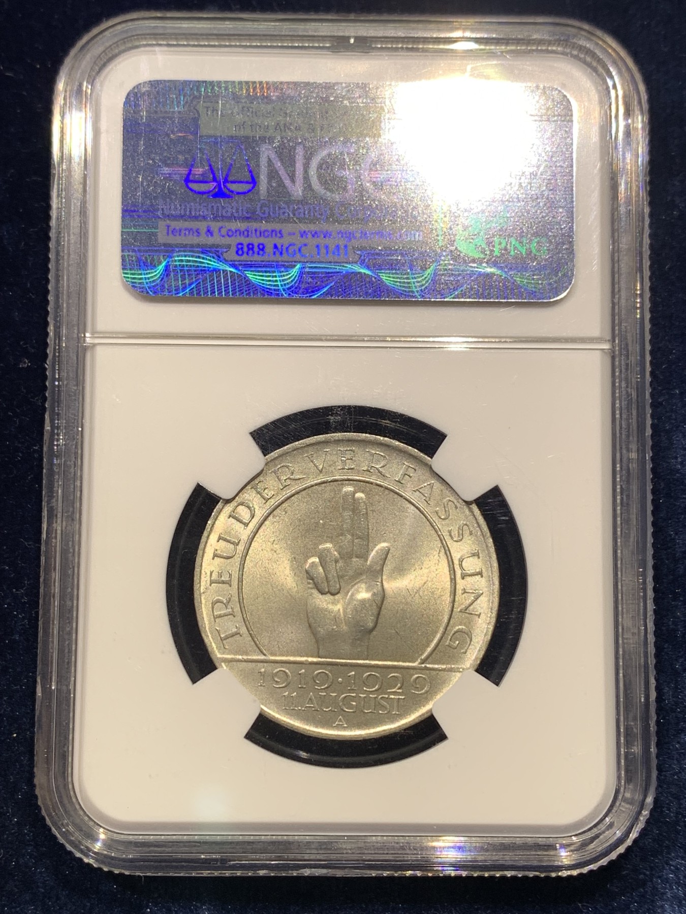 《竞宝斋》第180场-周日，周一2场 (全场包邮) NGC-MS65 魏玛德国1929年宪法十周年3马克纪念银币 少见高分