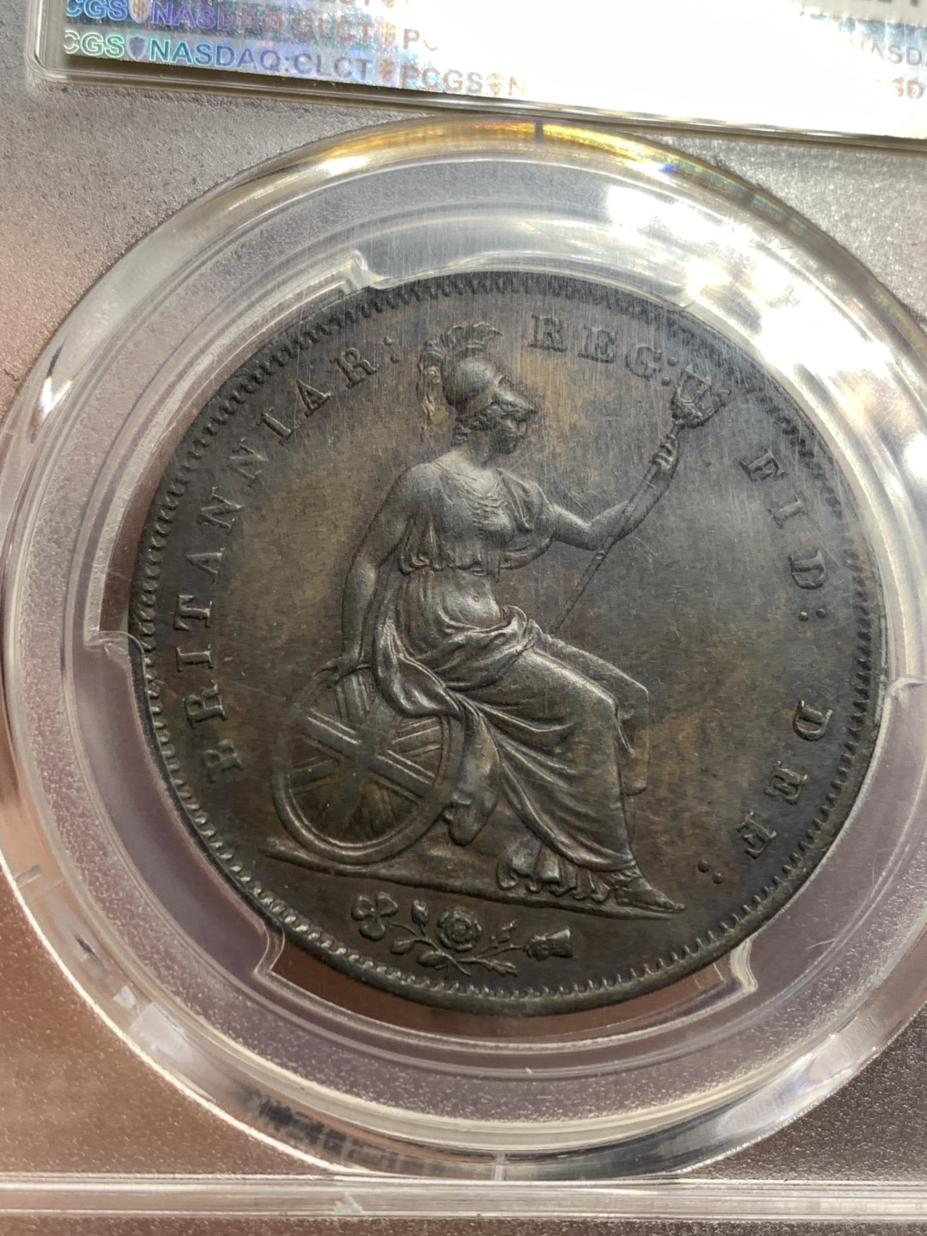 《竞宝斋》第180场-周日，周一2场 (全场包邮) PCGS AU58 英国 1854年 早期小维 1便士 大铜币 细节包浆都非常好
