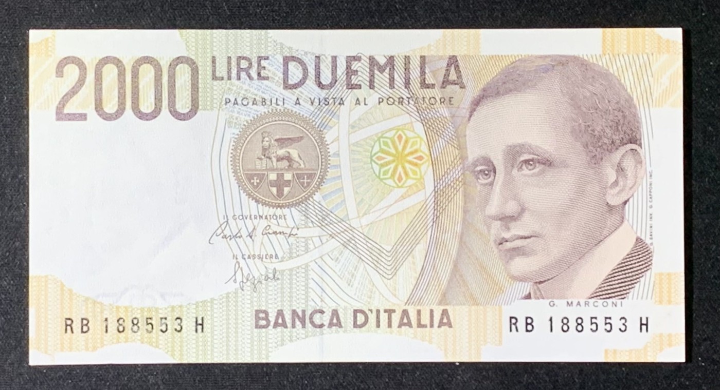 紫瑗钱币——第306期拍卖 意大利 1990年 马可尼 末版 2000里拉 UNC