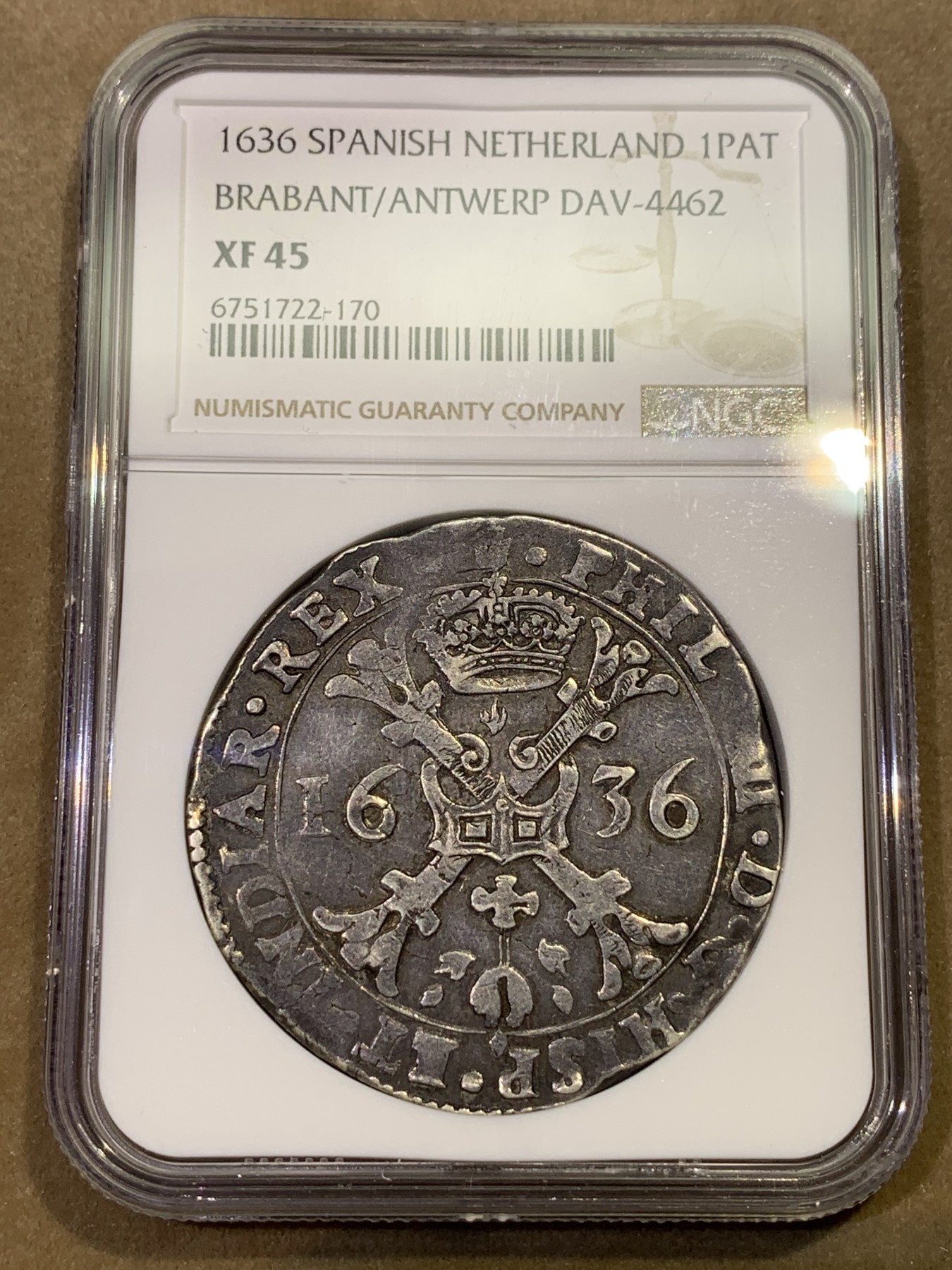 《竞宝斋》第180场-周日，周一2场 (全场包邮) NGC XF45 西属尼德兰布拉班特/安特卫普1636年1PT原味大银 收录1枚冠军分数