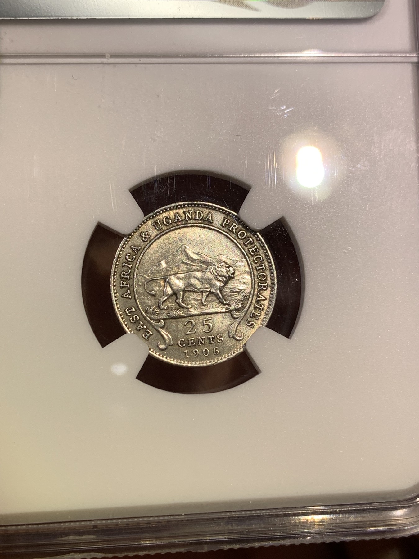 《竞宝斋》第180场-周日，周一2场 (全场包邮) NGC-UNCD 英属东非1906年爱德华七世25分银币，少见早期高银品种。