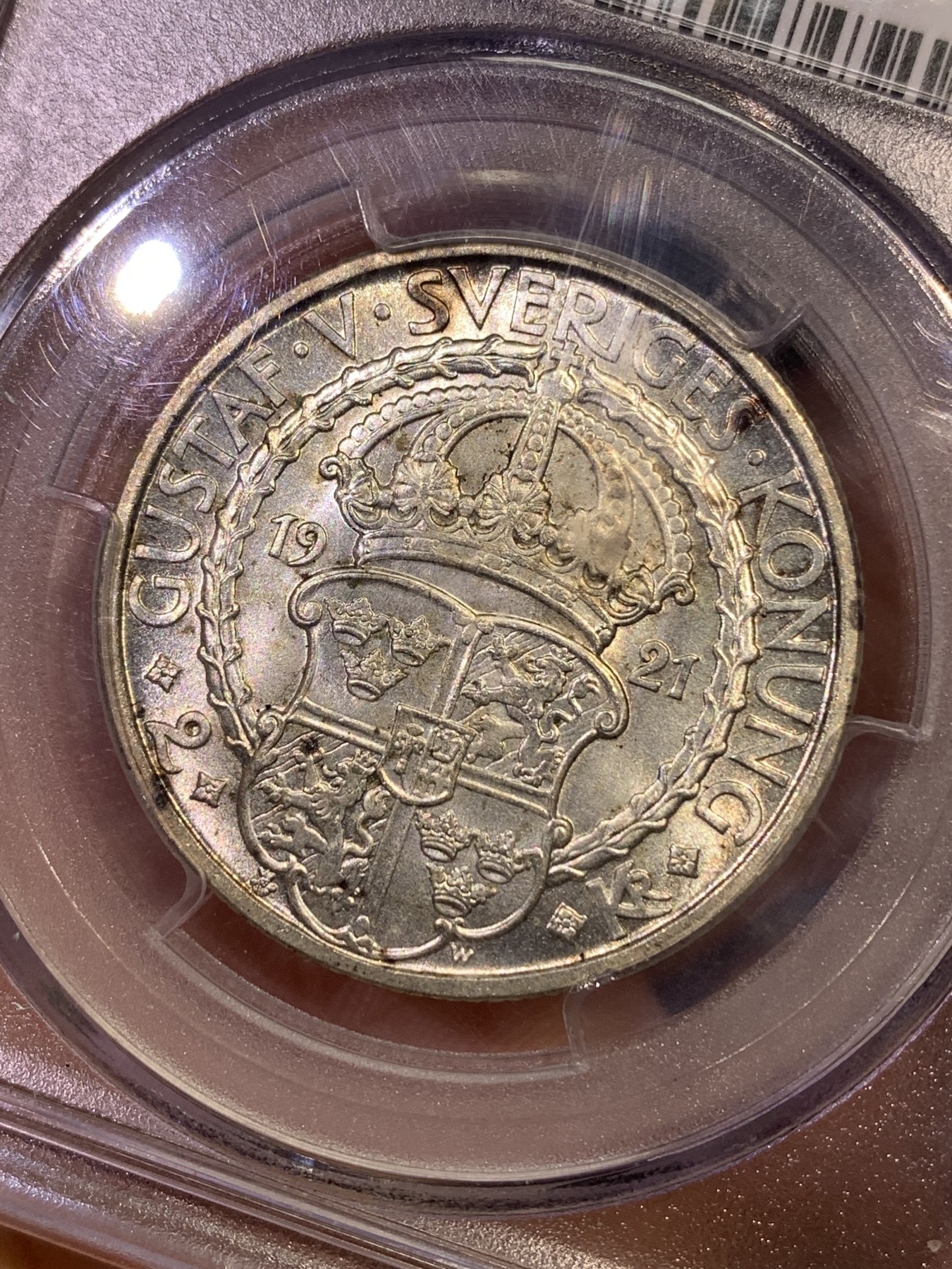 《竞宝斋》第180场-周日，周一2场 (全场包邮) PCGS-MS65 瑞典1921年2克朗纪念银币，高分一步到位。