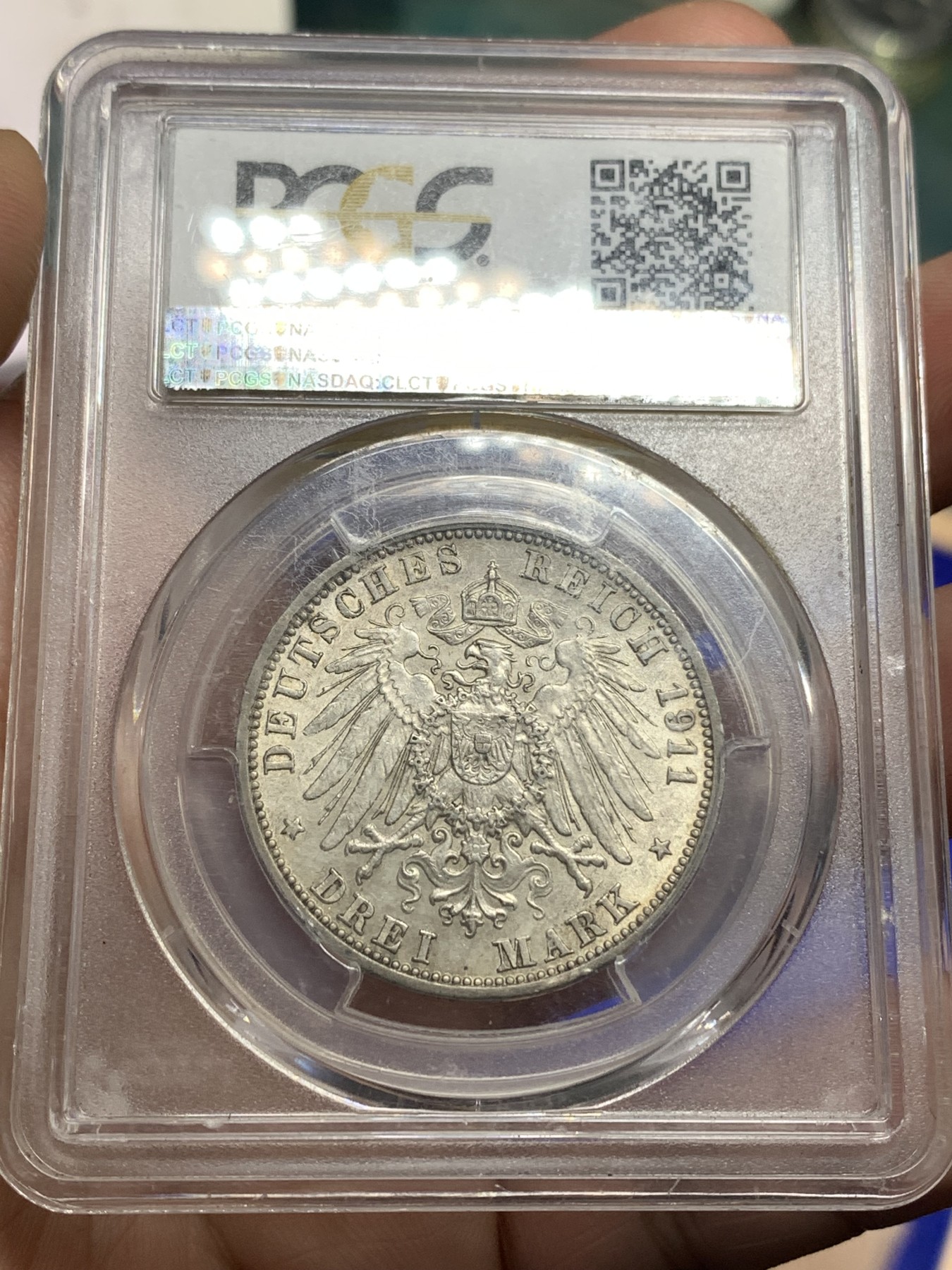 《竞宝斋》第180场-周日，周一2场 (全场包邮) PCGS-AU55 1911年巴登弗雷德里希二世3马克银币。