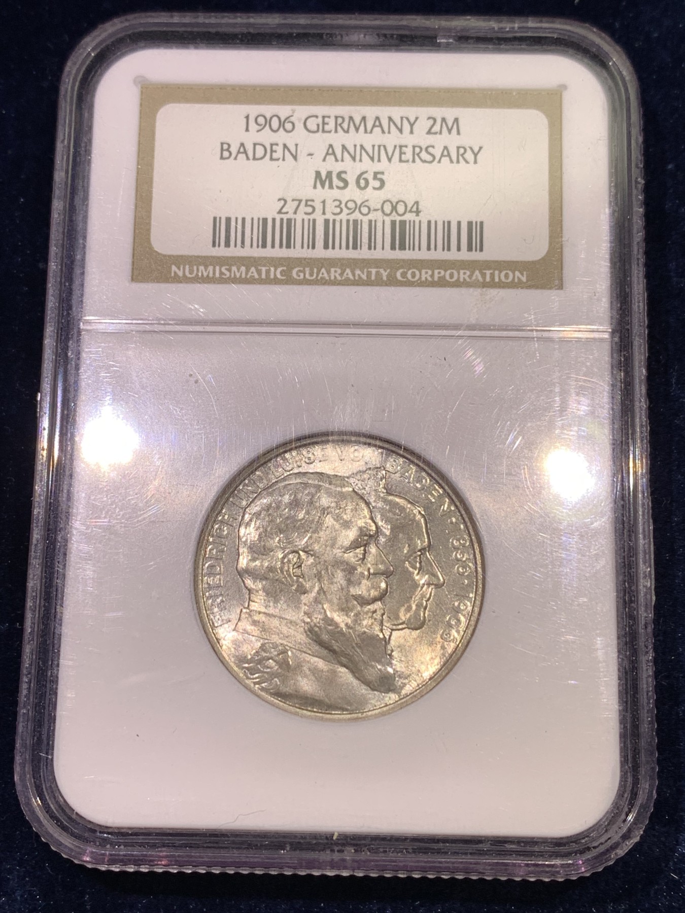 《竞宝斋》第180场-周日，周一2场 (全场包邮) NGC-MS65 德国巴登 1906年 金婚纪念 2马克银币 非常漂亮 高等级分数