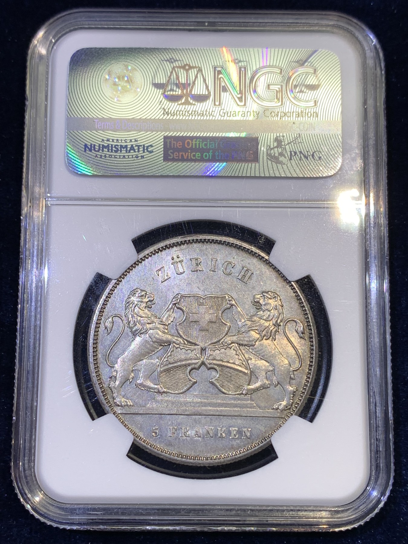 《竞宝斋》第180场-周日，周一2场 (全场包邮) NGC MS62 瑞士射击节1859年苏黎世5法郎银币 经典设计 只有6000枚的发行量