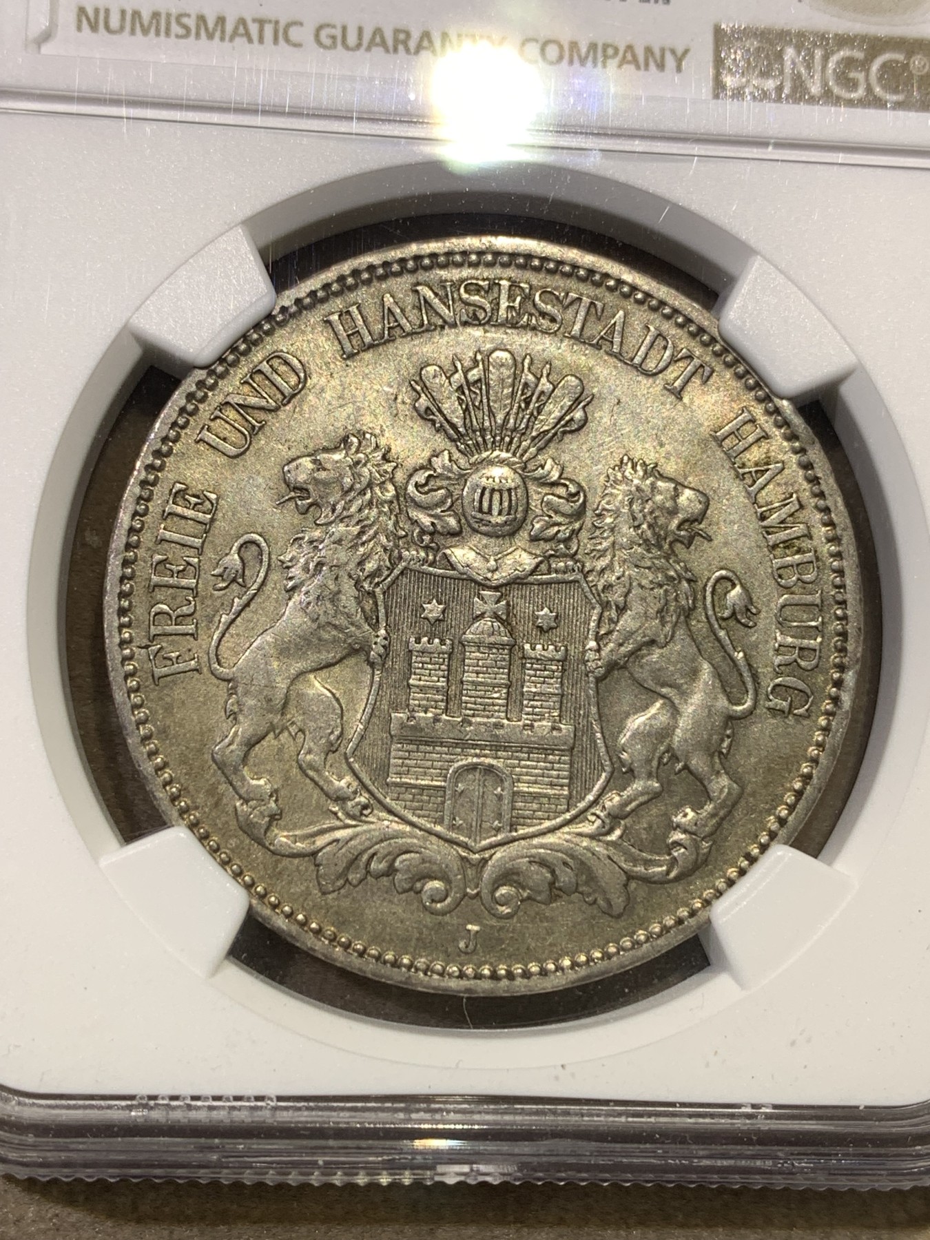 《竞宝斋》第180场-周日，周一2场 (全场包邮) NGC-AU58 德国1908汉堡 5马克银币 此年份比1913的少见