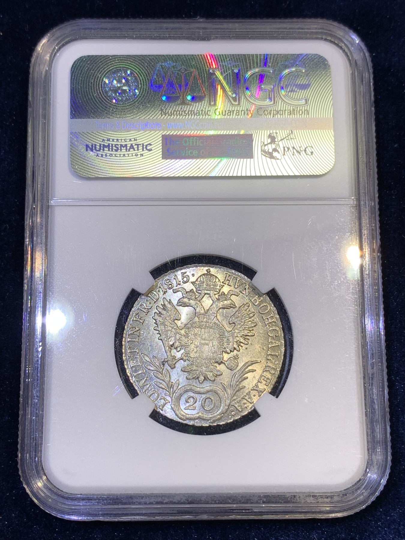 《竞宝斋》第180场-周日，周一2场 (全场包邮) NGC MS64 奥地利帝国1815B佛朗茨一世20K银辅币 白净状态好