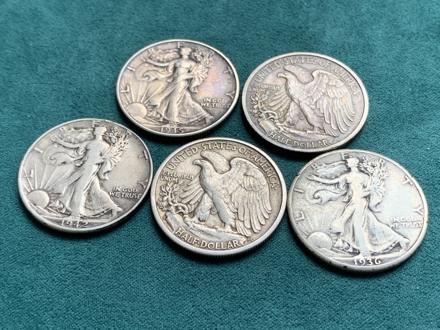 《竞宝斋》第180场-周日，周一2场 (全场包邮) 五枚一组 美国1936-1945行走女神半圆银币