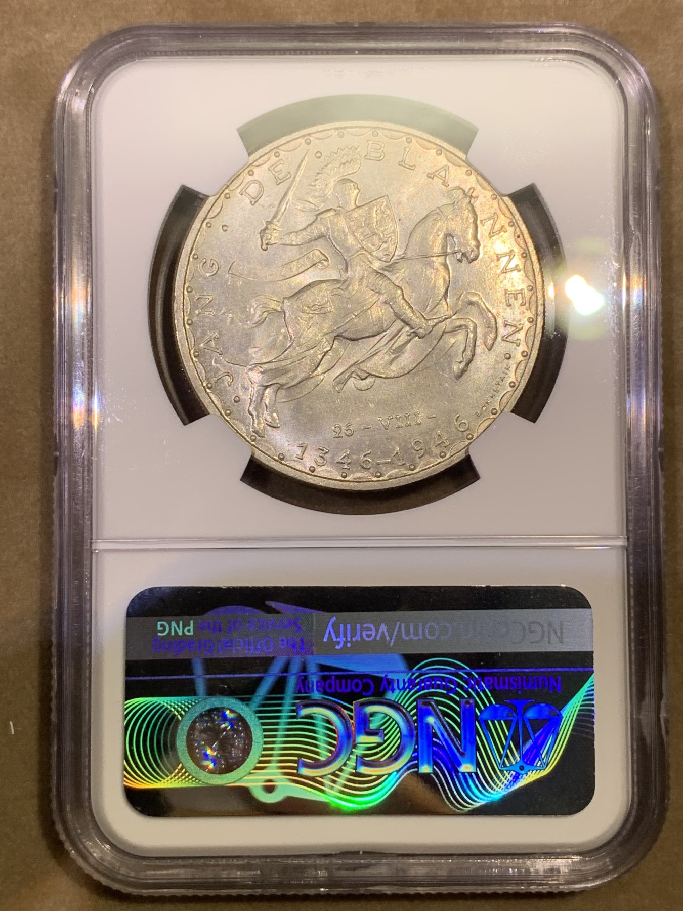 《竞宝斋》第180场-周日，周一2场 (全场包邮) NGC MS 64 卢森堡1946年100法郎马剑大银币