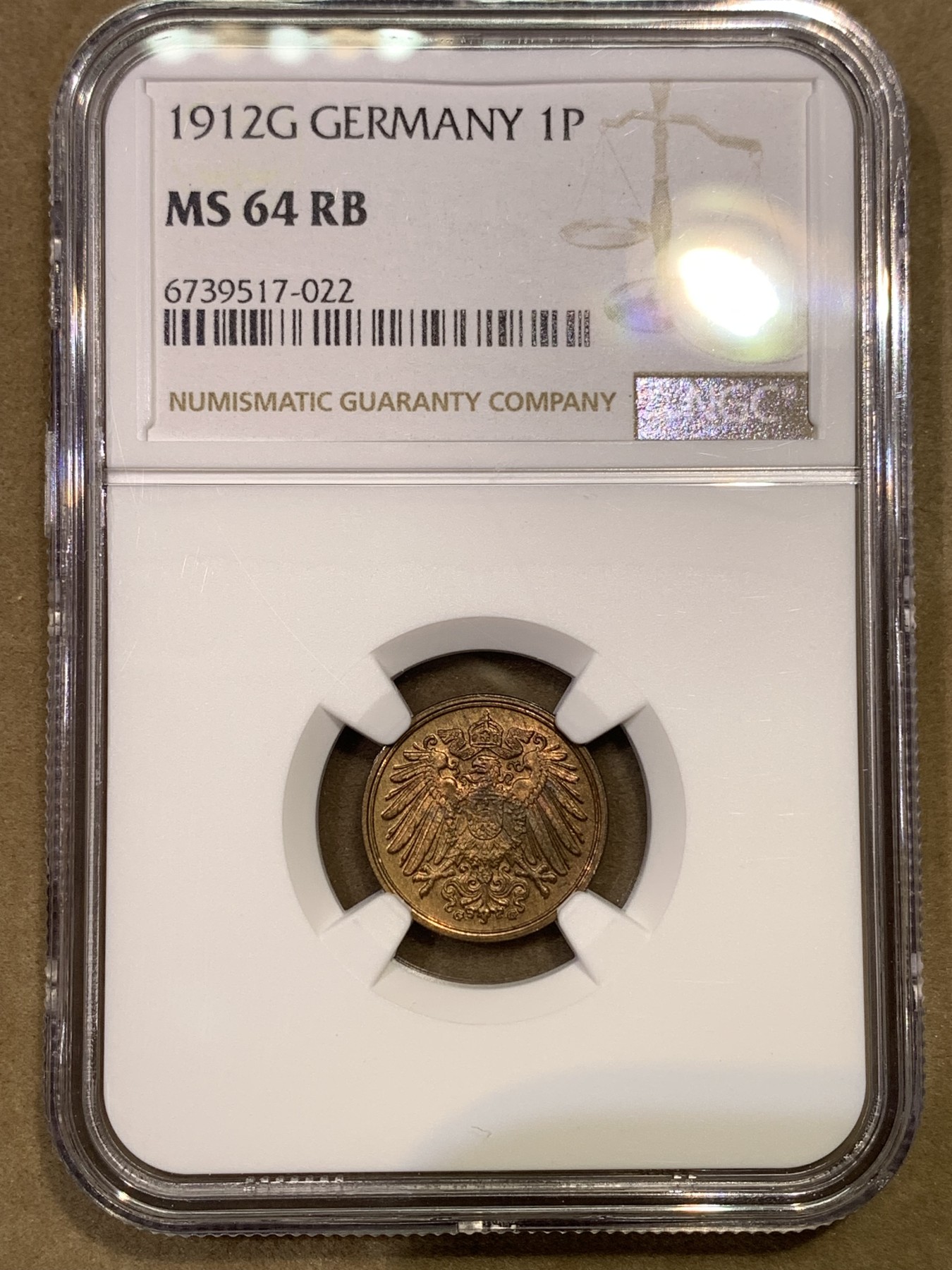 《竞宝斋》第180场-周日，周一2场 (全场包邮) NGC-MS64亚军 德国德意志第二帝国1912年G版1芬尼铜币