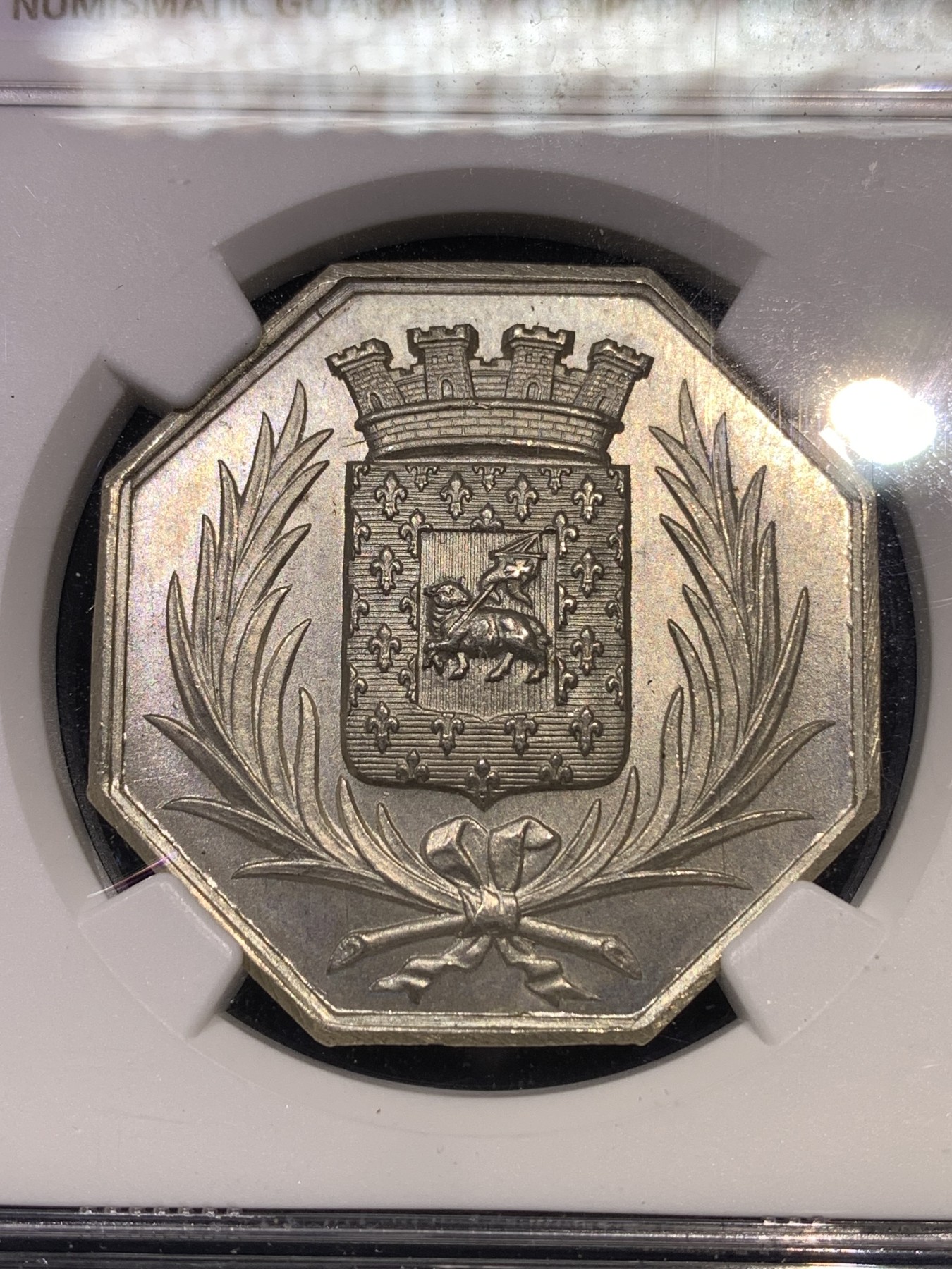 《竞宝斋》第180场-周日，周一2场 (全场包邮) NGC MS63 法国1834年卡卡西松储蓄银行八角银章 大规格 少见品种