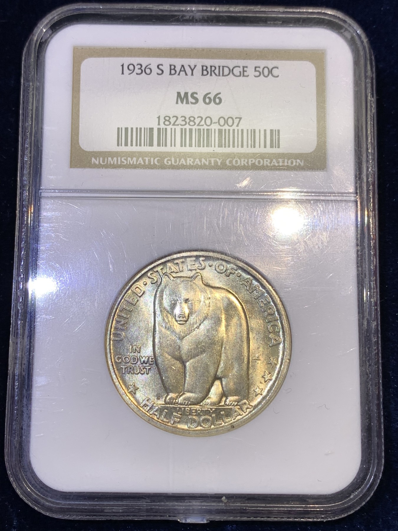 《竞宝斋》第180场-周日，周一2场 (全场包邮) NGC-MS66 美国 1936年 海湾大桥 半美元 纪念银币 设计精美 高分老盒 一步到位的收藏