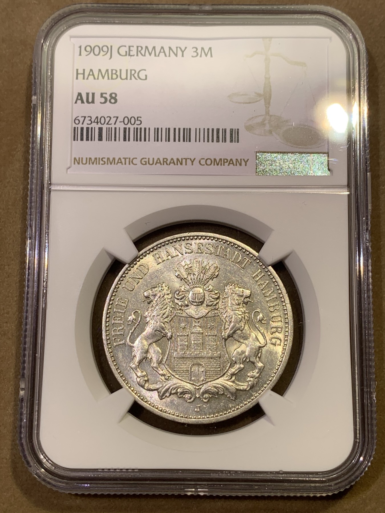 《竞宝斋》第180场-周日，周一2场 (全场包邮) NGC AU58 德国汉堡1909年3马克银币