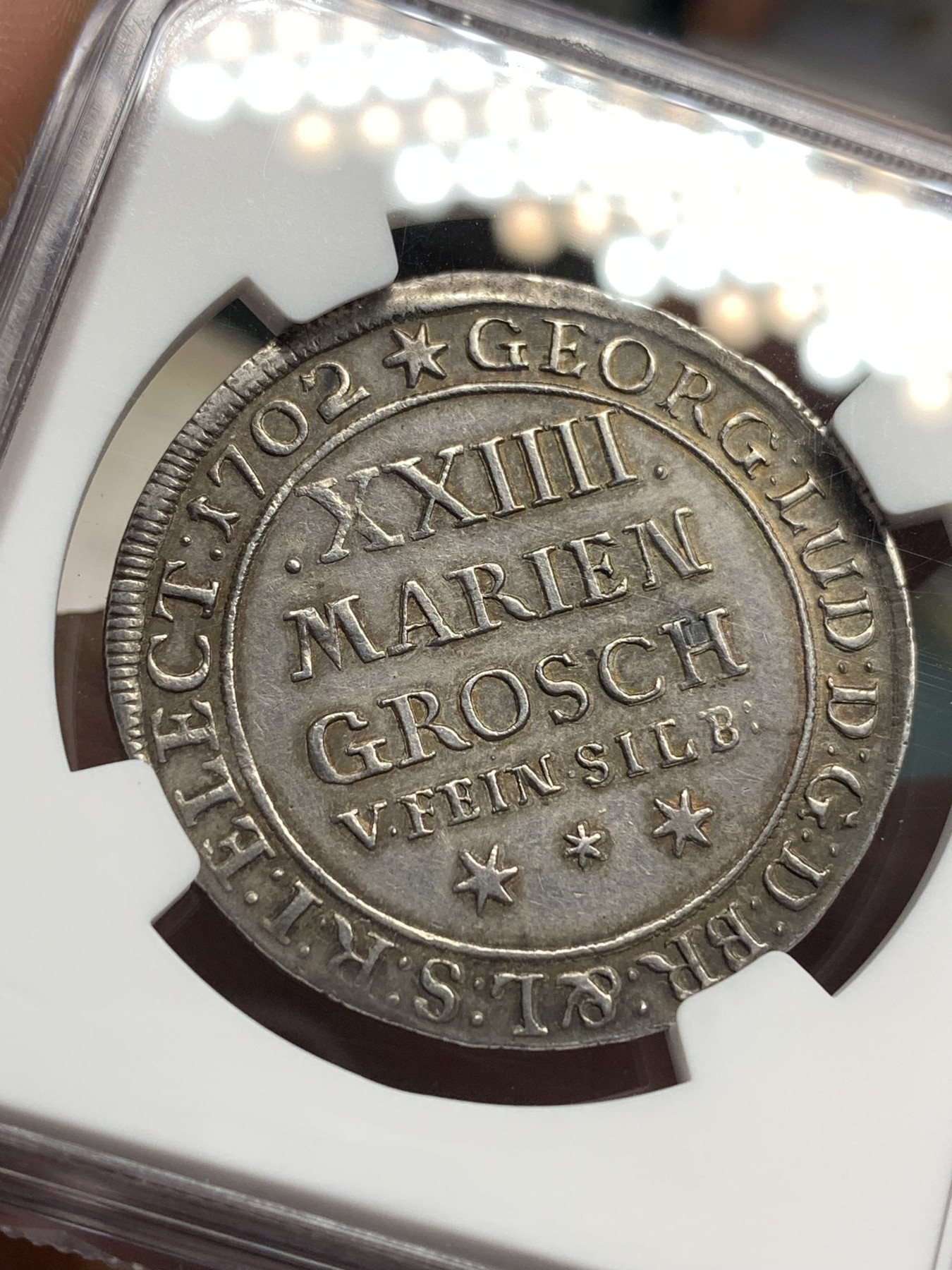 《竞宝斋》第180场-周日，周一2场 (全场包邮) NGC-AU53季军 德国布伦瑞克1702年野人24格罗申(2/3泰勒)银币