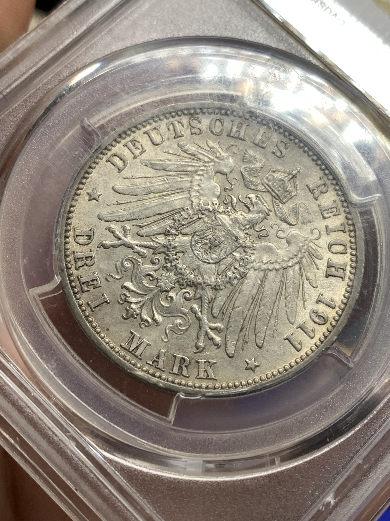 《竞宝斋》第180场-周日，周一2场 (全场包邮) PCGS-AU55 1911年巴登弗雷德里希二世3马克银币。