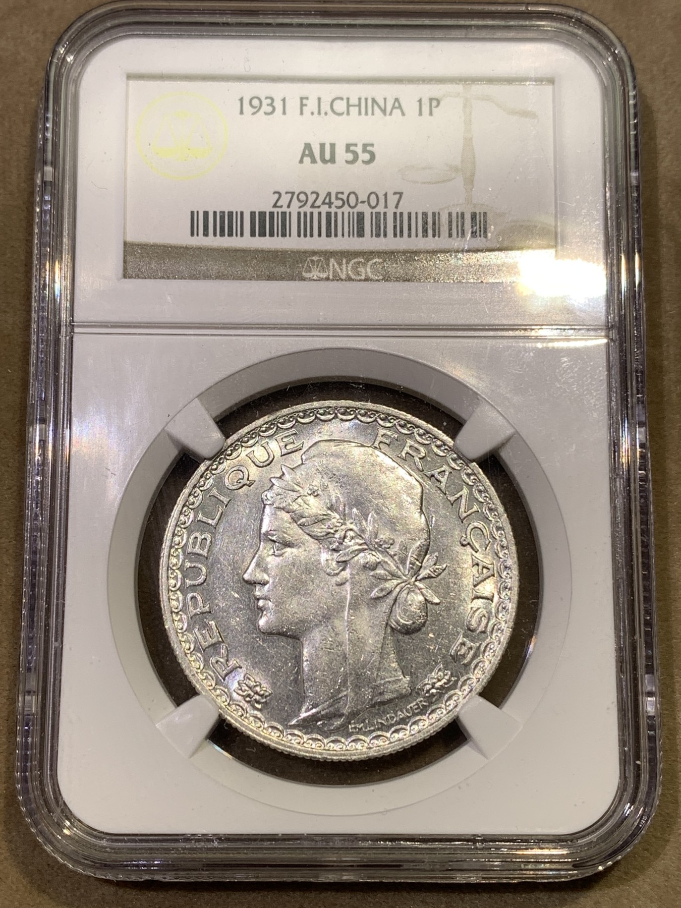 《竞宝斋》第180场-周日，周一2场 (全场包邮) NGC–AU55 1931年法属印支坐洋关门币，银光闪闪。
