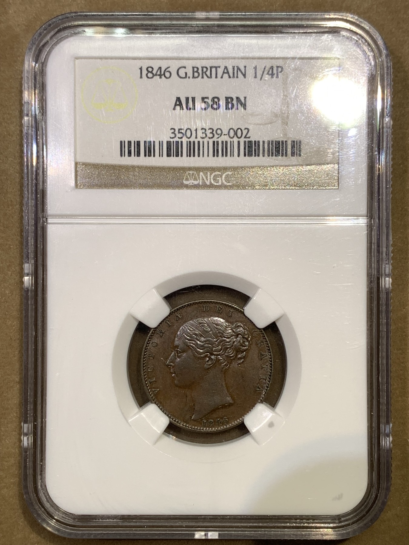 《竞宝斋》第180场-周日，周一2场 (全场包邮) NGC AU58BN 英国 1846年 早期小维 1/4便士=1法新 铜币 巧克力包浆 难得状态