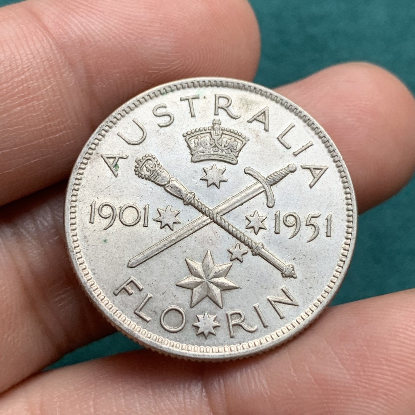 《竞宝斋》第180场-周日，周一2场 (全场包邮) 澳大利亚1951年澳联邦成立50周年纪念 乔治六世1福林银币