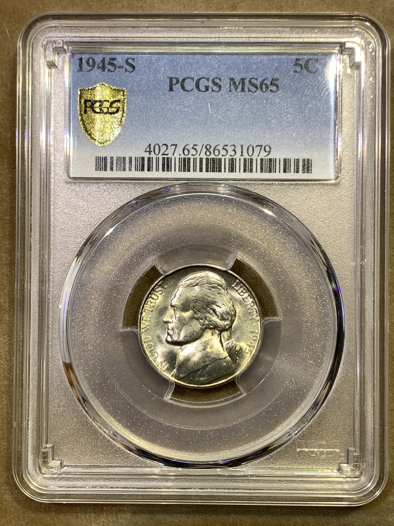 《竞宝斋》第180场-周日，周一2场 (全场包邮) PCGS-MS65 美国 1945年 杰弗逊 战时5美分 低银版 （仅1942-1945年含银，其余皆为铜镍）