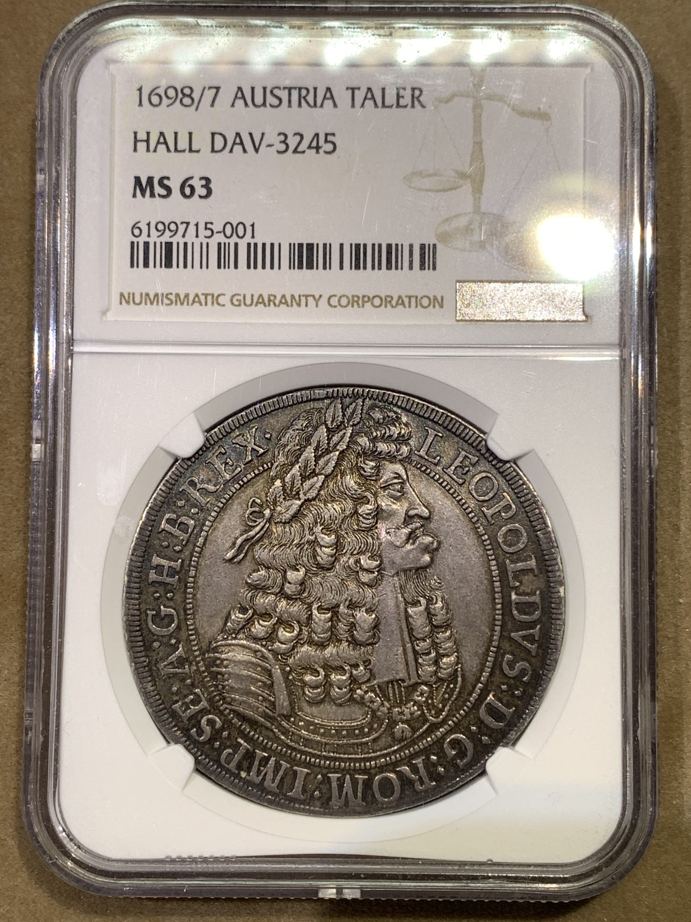 《竞宝斋》第180场-周日，周一2场 (全场包邮) 亚军分 NGC MS63 神圣罗马帝国1698/7骑字版 大波浪 猪嘴 泰勒 银币 打制均匀 状态非常好