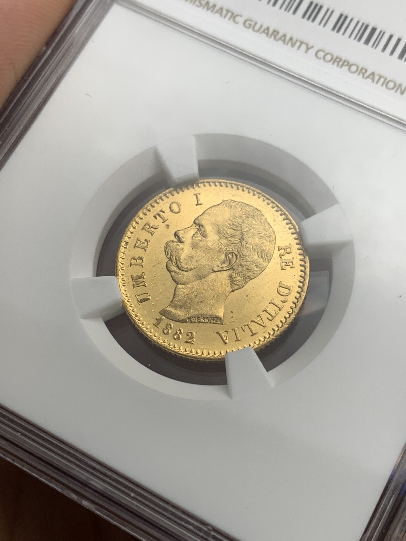 《竞宝斋》第180场-周日，周一2场 (全场包邮) NGC MS63+PL 1882年意大利王国翁贝托一世20里拉金币 状态极好