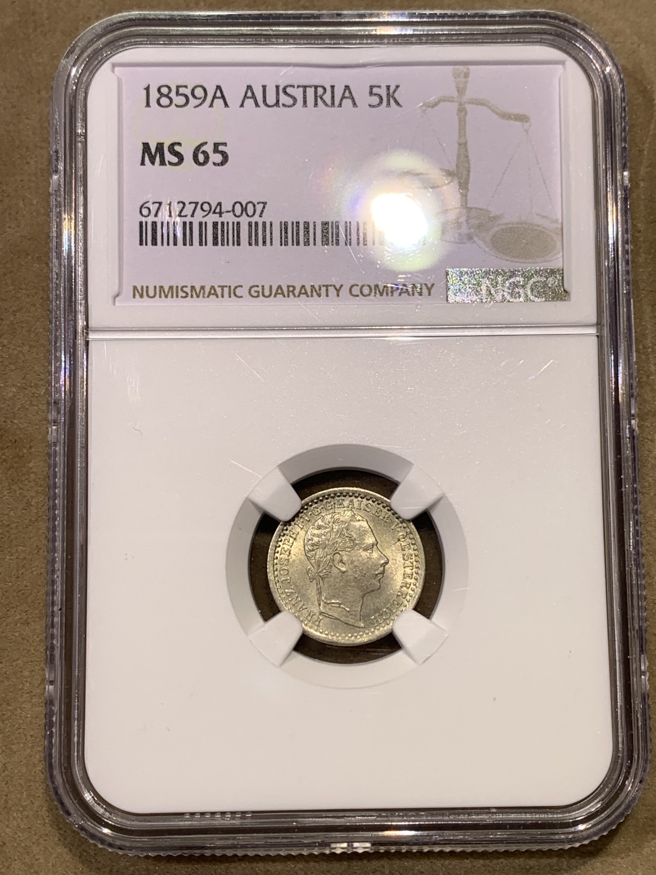 《竞宝斋》第180场-周日，周一2场 (全场包邮) NGC MS65冠军 奥地利1859年弗朗茨·约瑟夫5克鲁泽银币