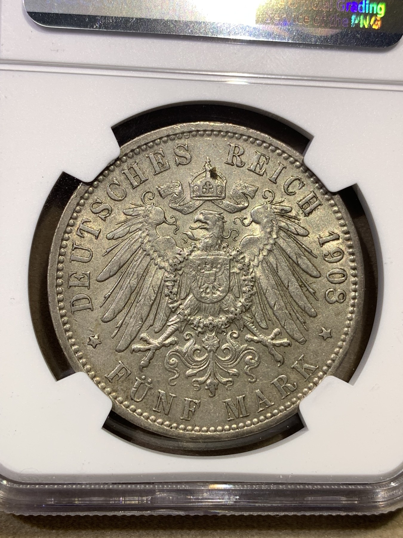 《竞宝斋》第180场-周日，周一2场 (全场包邮) NGC-AU58 德国1908汉堡 5马克银币 此年份比1913的少见