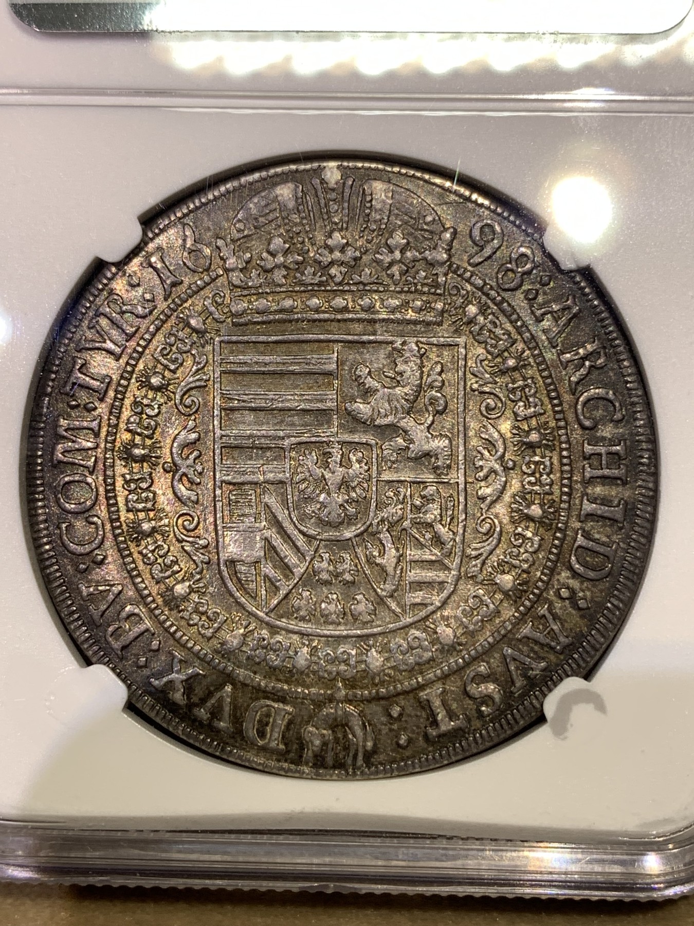 《竞宝斋》第180场-周日，周一2场 (全场包邮) 亚军分 NGC MS63 神圣罗马帝国1698/7骑字版 大波浪 猪嘴 泰勒 银币 打制均匀 状态非常好